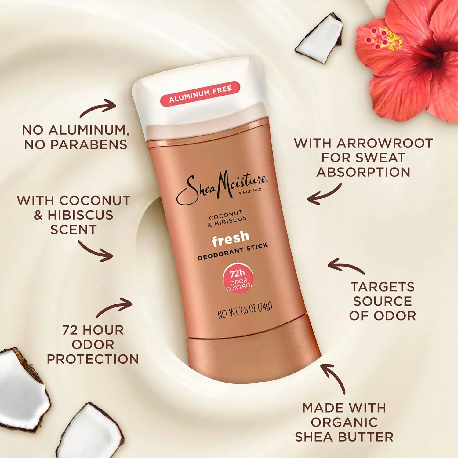 استیک دئودورانت شی مویسچر، کنترل بوی 72 ساعته، نارگیل و هیبیسکوس فرش، بدون آلومینیوم، 74 گرم استیک دئودورانت شی مویسچر، کنترل بوی 72 ساعته، نارگیل و هیبیسکوس فرش، بدون آلومینیوم، 74 گرم