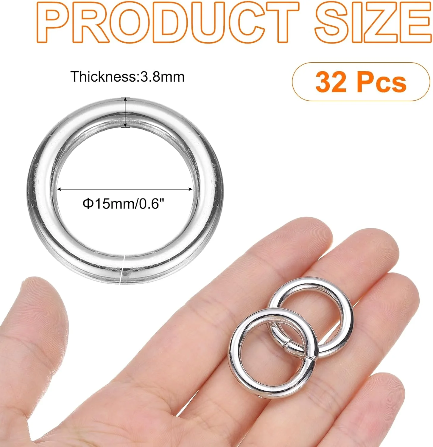 حلقه اتصال فلزی 32 عددی، قطر داخلی 15 میلی متر، ضخامت 3.8 میلی متر، آلیاژ روی، حلقه های O بازشو، گیره برای صنایع دستی، جاکلیدی، کیف، بند، کمربند، لوازم جانبی DIY، نقره ای روشن