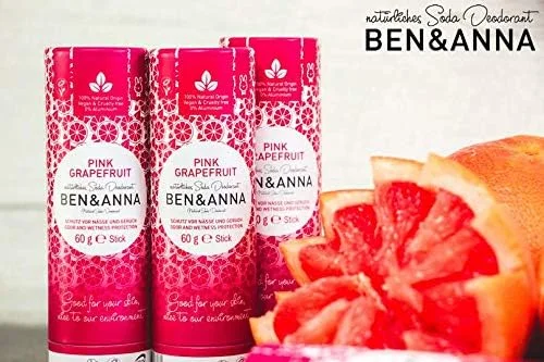 دئودورانت سودا طبیعی بن اند آنا - 100% فاقد آلومینیوم، بدون تست حیوانی، وگان، دارای گواهینامه NATRUE، حاوی شی باتر ارگانیک و بی کربنات سدیم، ساخت آلمان - گریپ فروت صورتی - 60 گرم