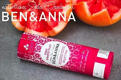دئودورانت سودا طبیعی بن اند آنا - 100% فاقد آلومینیوم، بدون تست حیوانی، وگان، دارای گواهینامه NATRUE، حاوی شی باتر ارگانیک و بی کربنات سدیم، ساخت آلمان - گریپ فروت صورتی - 60 گرم