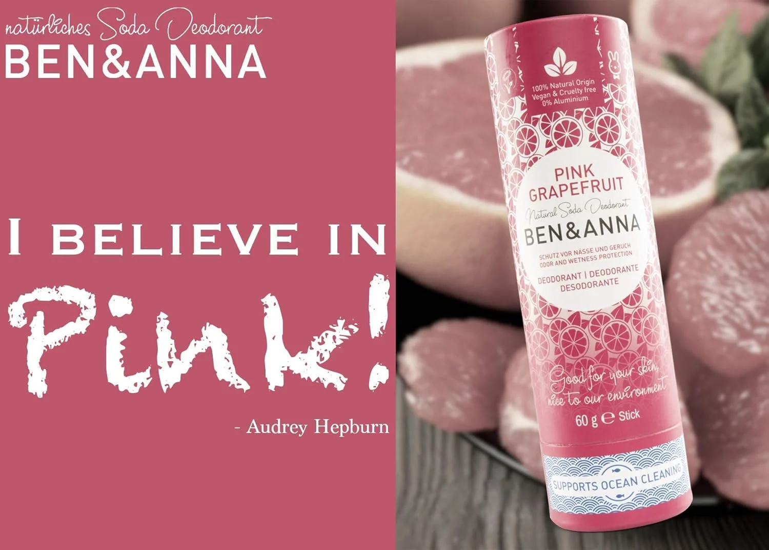 دئودورانت سودا طبیعی بن اند آنا - 100% فاقد آلومینیوم، بدون تست حیوانی، وگان، دارای گواهینامه NATRUE، حاوی شی باتر ارگانیک و بی کربنات سدیم، ساخت آلمان - گریپ فروت صورتی - 60 گرم