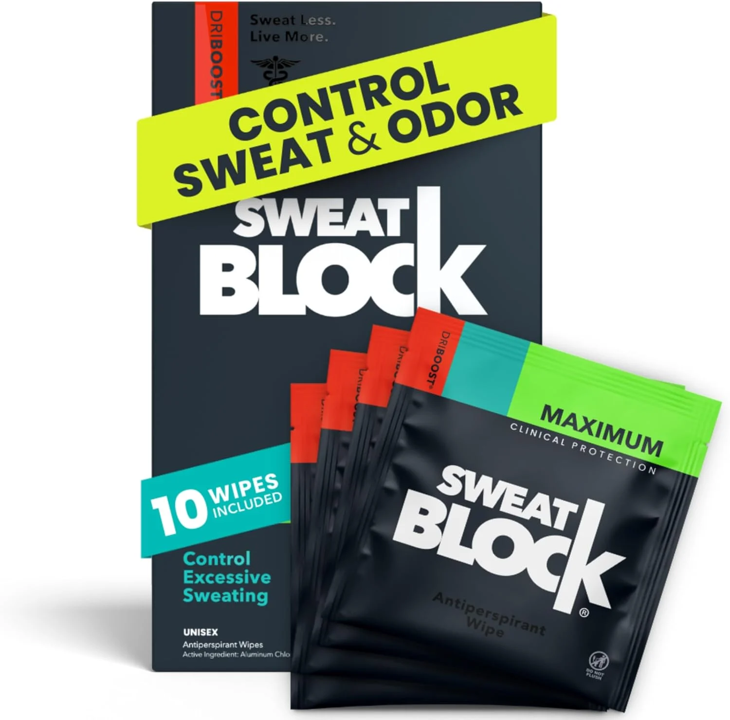 دستمال مرطوب ضد تعریق قوی SweatBlock با فناوری DRIBOOST - درمان هایپرهیدروزیس و تعریق بیش از حد برای مردان، زنان و نوجوانان - 7 روز محافظت در هر دستمال - تست شده توسط متخصص پوست، بدون عطر، 10 عدد
