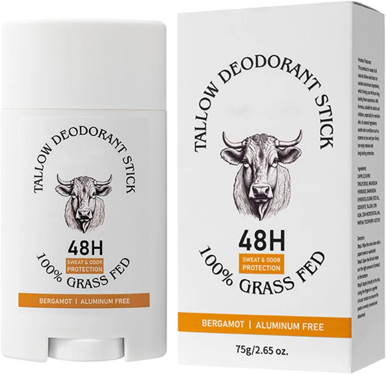 دئودورانت پیه گاو برای مردان و زنان، دئودورانت فاقد آلومینیوم برای کل بدن حاوی پیه گاو تغذیه شده با علف، استیک دئودورانت ضد تعریق برای زیر بغل و ناحیه خصوصی، کنترل بوی 48 ساعته، 75 گرم (برگاموت)