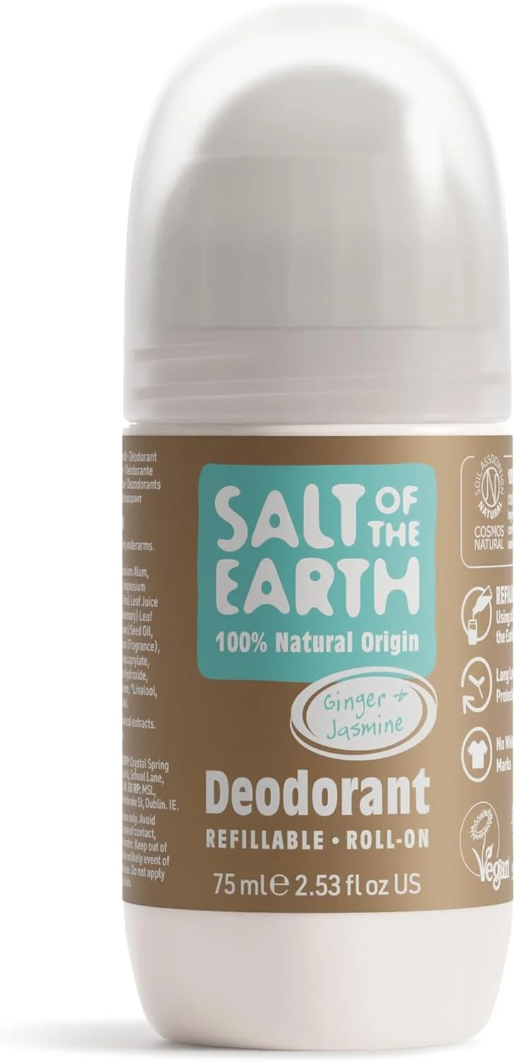 دئودورانت رولی طبیعی قابل شارژ مجدد Salt of the Earth با رایحه زنجبیل و یاس - محافظت موثر، 100% مواد طبیعی، سازگار با محیط زیست، وگان، بدون تست حیوانی. مناسب برای آقایان، خانم ها و کودکان - 75 میلی لیتر