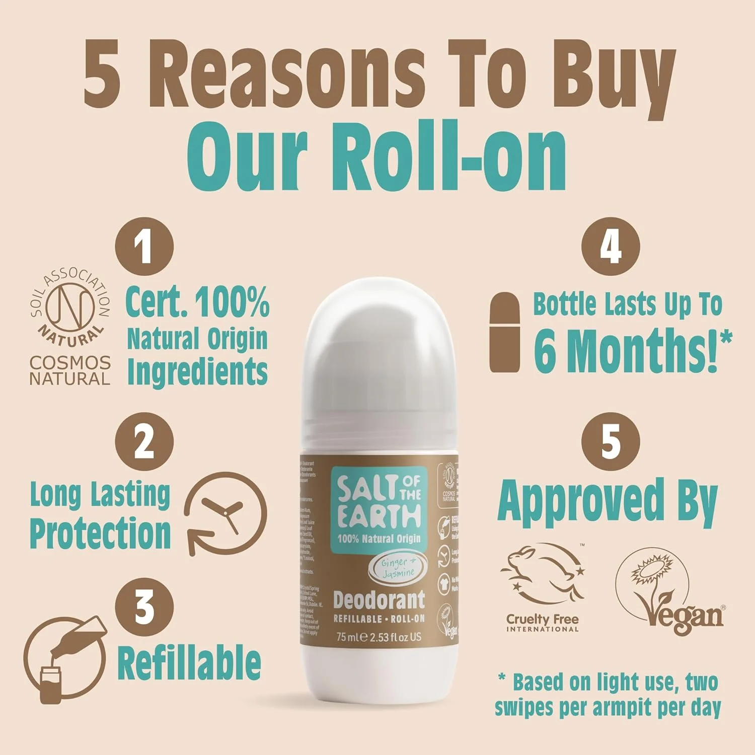 دئودورانت رولی طبیعی قابل شارژ مجدد Salt of the Earth با رایحه زنجبیل و یاس - محافظت موثر، 100% مواد طبیعی، سازگار با محیط زیست، وگان، بدون تست حیوانی. مناسب برای آقایان، خانم ها و کودکان - 75 میلی لیتر
