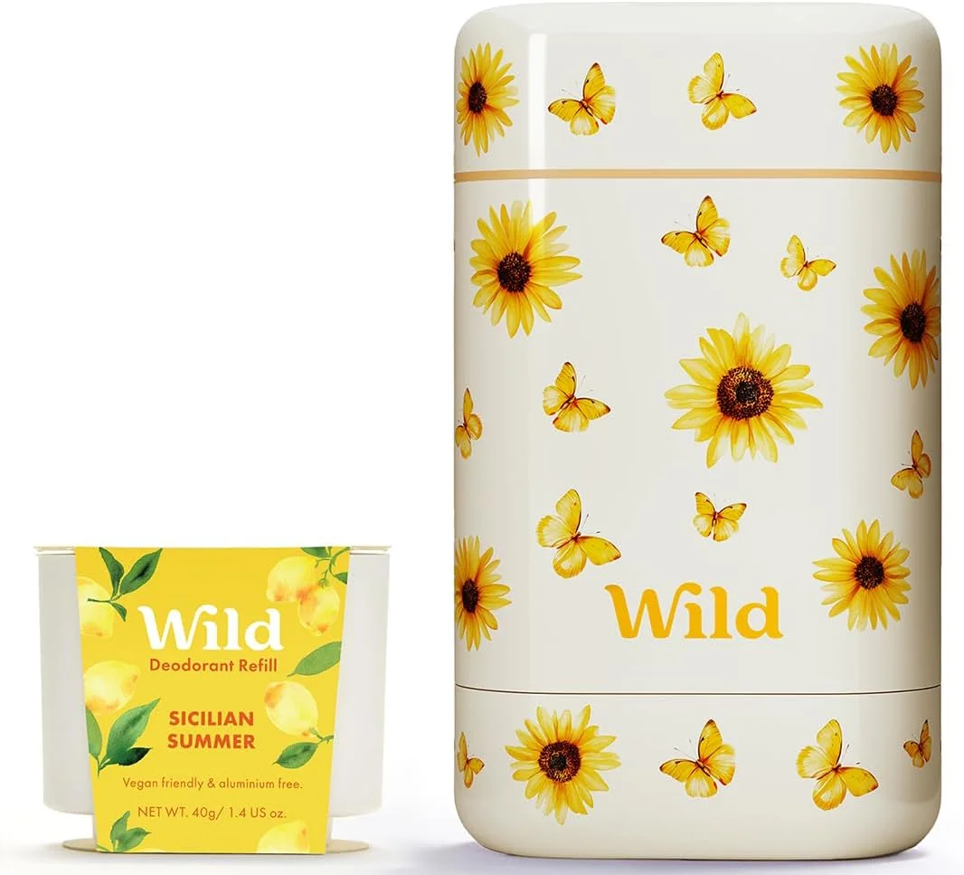 کیت دئودورانت طبیعی قابل شارژ Wild - قاب آفتابگردان نسخه محدود با رایحه تابستان سیسیلی (40 گرم) - بدون آلومینیوم - محافظت طولانی مدت - وگان