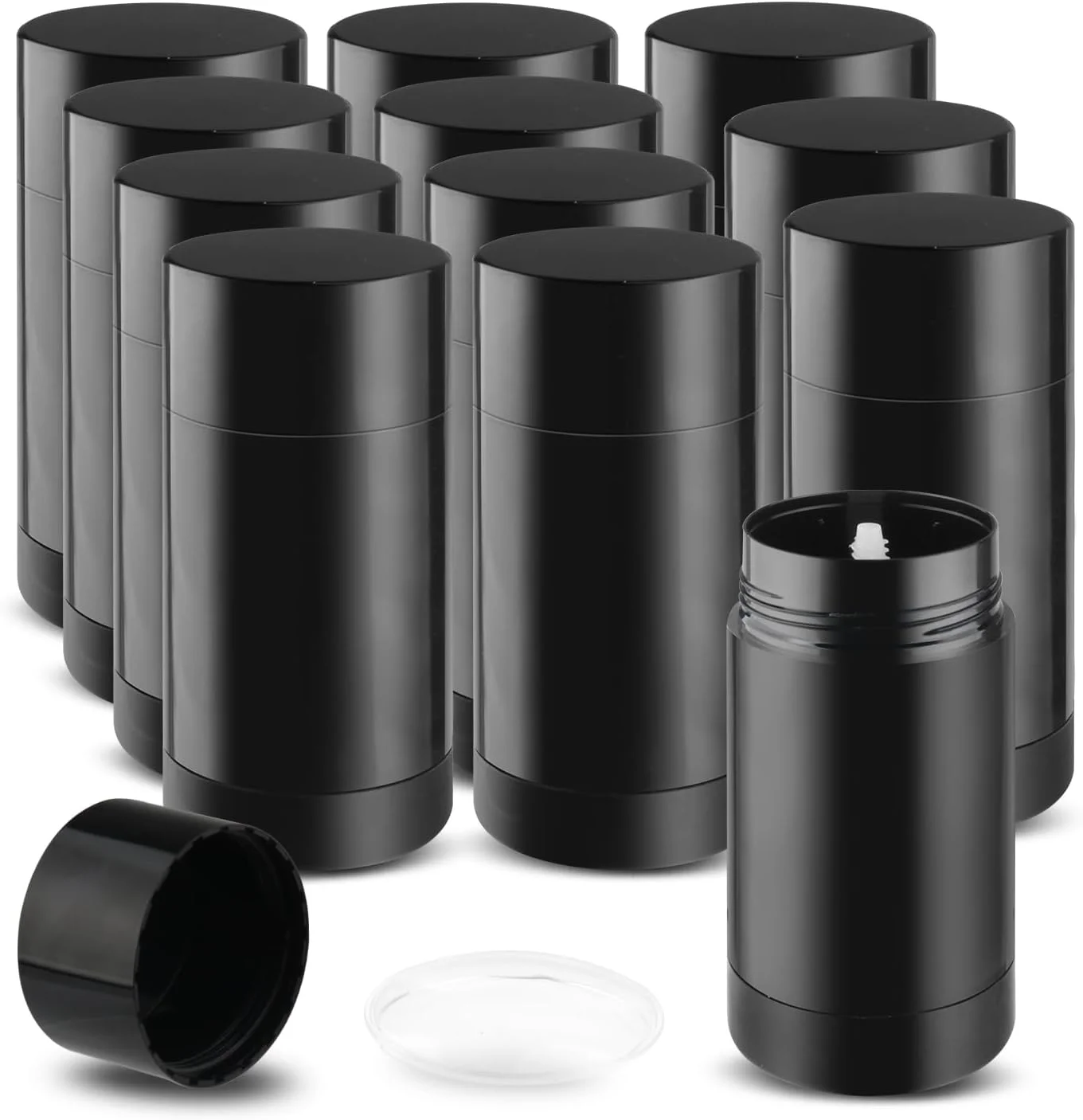 DMuuuDM 12 Pack 2.5 oz/75ml Plastic Deodorant Container,Empty Round Twist-Up Bottom Filling Stick Tube for Deodorant,Solid Lotion Bar,Body Balm,Soap Stick,Sunscreen-UPSIDE DOWN FILLING (Black)