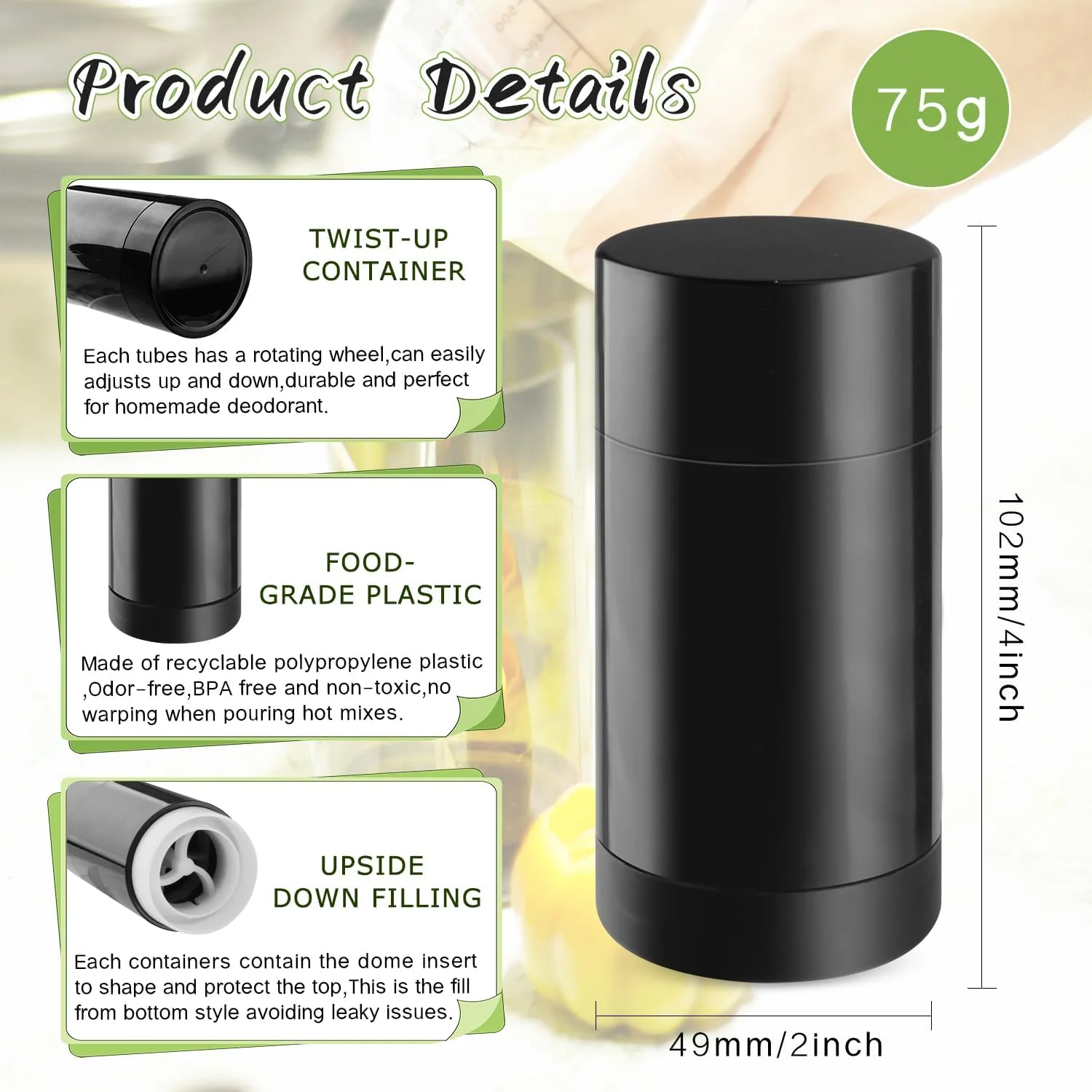 DMuuuDM 12 Pack 2.5 oz/75ml Plastic Deodorant Container,Empty Round Twist-Up Bottom Filling Stick Tube for Deodorant,Solid Lotion Bar,Body Balm,Soap Stick,Sunscreen-UPSIDE DOWN FILLING (Black)