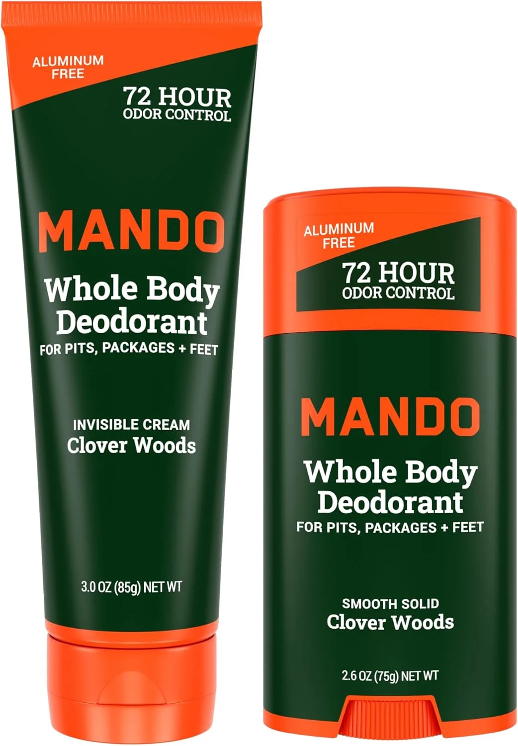 دئودورانت کامل بدن Mando - کرم نامرئی تیوپی و استیک جامد - کنترل بوی 72 ساعته - فاقد آلومینیوم، فاقد جوش شیرین، ایمن برای پوست - تیوپ 3.0 اونس و استیک جامد 2.6 اونس - Clover Woods
