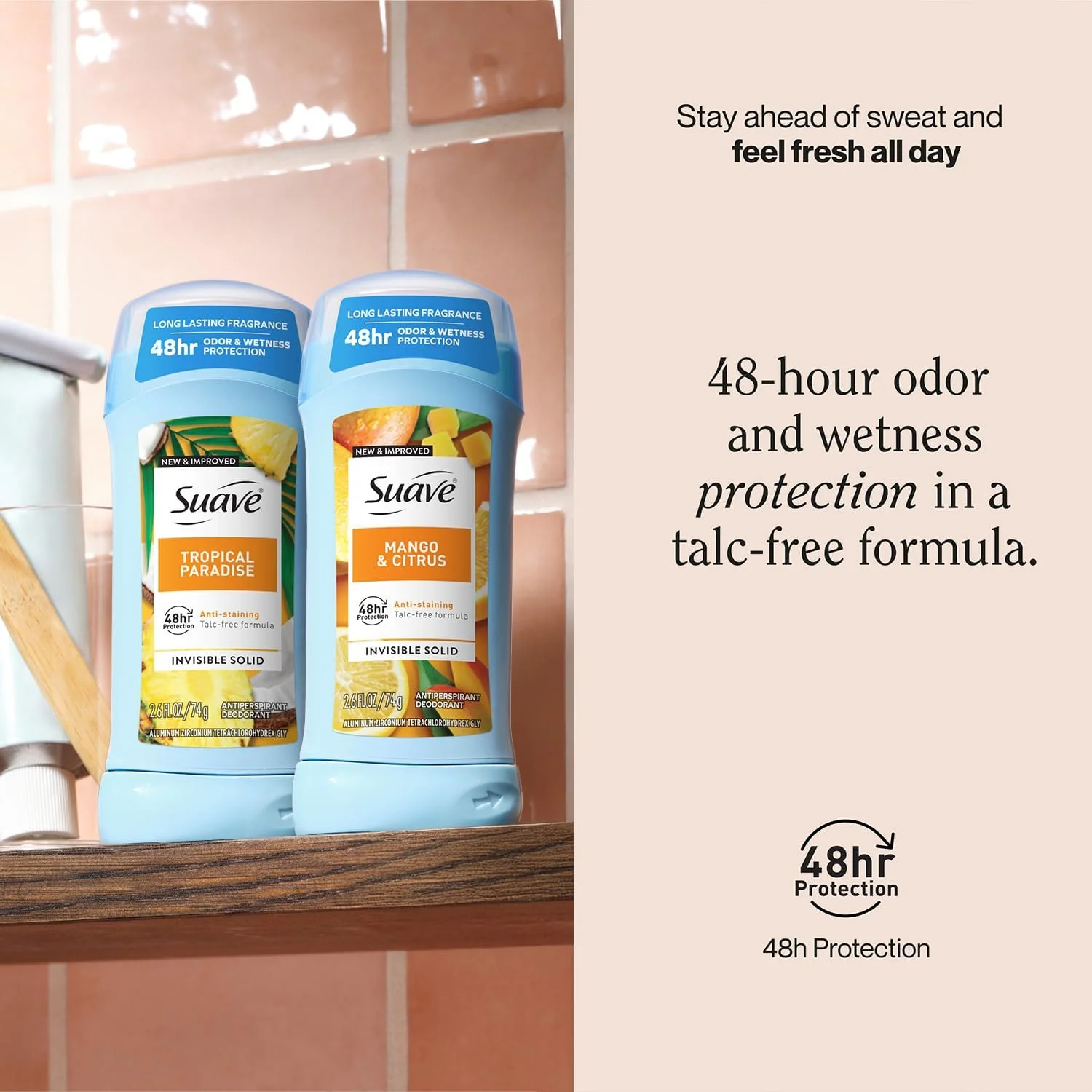 مام ضد تعریق زنانه سواو، بسته متنوع - Tropical Paradise + Mango & Citrus، جامد نامرئی، محافظت 48 ساعته، ضد لک، 73 گرم (مجموعه 2 عددی)