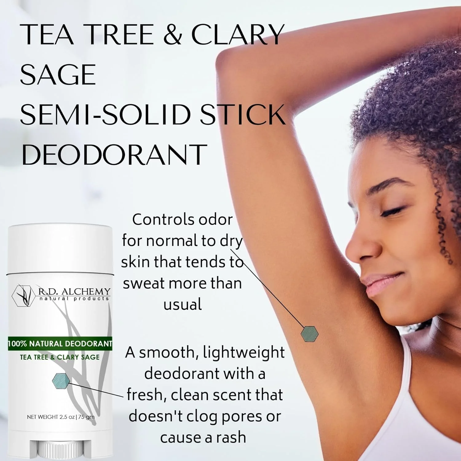 دئودورانت استیکی نیمه جامد درخت چای و مریم گلی 100% طبیعی و ارگانیک R.D. ALCHEMY - بهترین دئودورانت طبیعی برای مردان و زنان - فاقد آلومینیوم، فاقد جوش شیرین و فاقد عطر!