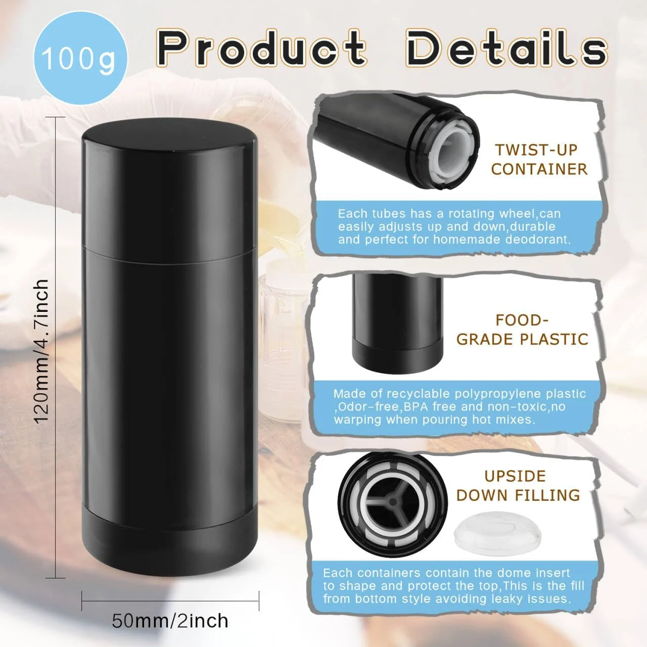 DMuuuDM بسته 10 عددی ظرف پلاستیکی دئودورانت 100 میلی لیتری، لوله استیکی پیچی قابل بازیافت گرد خالی برای دئودورانت خانگی، لوسیون های جامد، بالم بدن، صابون های استیکی، ضد آفتاب - پر کردن وارونه (مشکی) DMuuuDM بسته 10 عددی ظرف پلاستیکی دئودورانت 100 میلی لیتری، لوله استیکی پیچی قابل بازیافت گرد خالی برای دئودورانت خانگی، لوسیون های جامد، بالم بدن، صابون های استیکی، ضد آفتاب - پر کردن وارونه (مشکی)