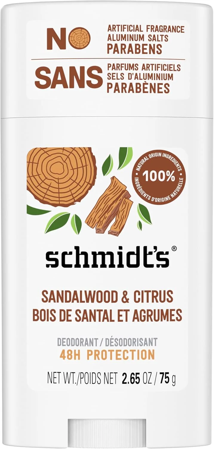 دئودورانت طبیعی بدون آلومینیوم Schmidt's برای زنان و مردان، چوب صندل و مرکبات با محافظت 24 ساعته در برابر بو، دارای گواهی طبیعی، وگان، بدون تست حیوانی، 75 گرم