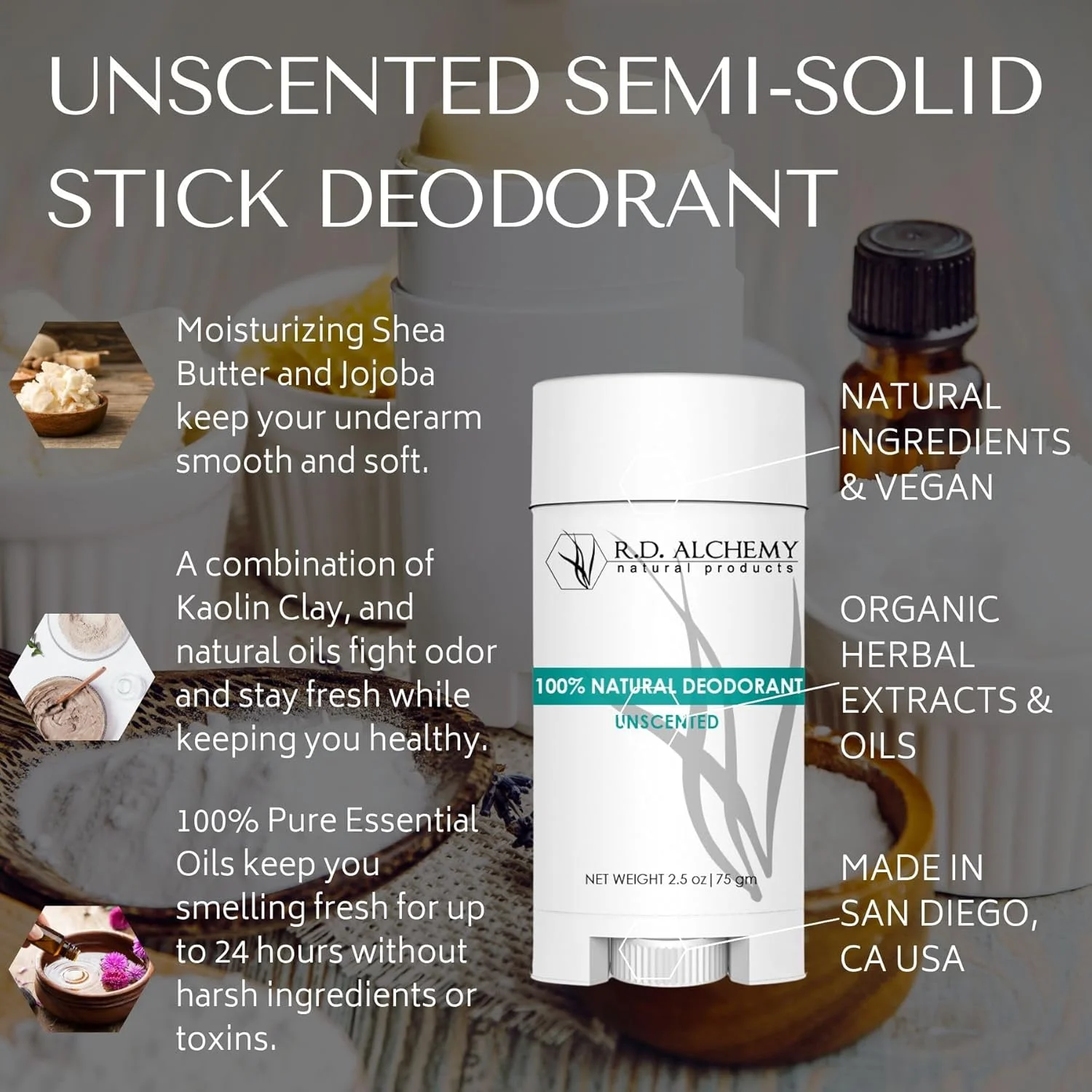 دئودورانت استیکی نیمه جامد بدون عطر 100% طبیعی و ارگانیک R.D. ALCHEMY - بهترین دئودورانت طبیعی برای مردان و زنان - فاقد آلومینیوم، فاقد جوش شیرین و فاقد عطر! دئودورانت استیکی نیمه جامد بدون عطر 100% طبیعی و ارگانیک R.D. ALCHEMY - بهترین دئودورانت طبیعی برای مردان و زنان - فاقد آلومینیوم، فاقد جوش شیرین و فاقد عطر!