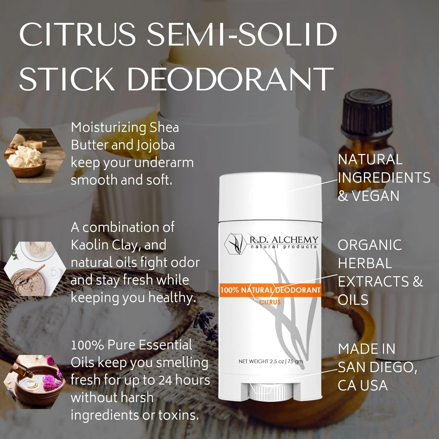 دئودورانت استیکی نیمه جامد مرکبات 100% طبیعی و ارگانیک آر.دی. آلکمی - بهترین دئودورانت طبیعی برای مردان و زنان - فاقد آلومینیوم، فاقد جوش شیرین و فاقد عطر! دئودورانت استیکی نیمه جامد مرکبات 100% طبیعی و ارگانیک آر.دی. آلکمی - بهترین دئودورانت طبیعی برای مردان و زنان - فاقد آلومینیوم، فاقد جوش شیرین و فاقد عطر!