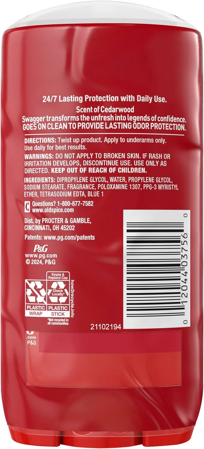 دئودورانت بدون آلومینیوم مردانه اولد اسپایس، محافظت 24 ساعته در برابر بو، طراوت 24 ساعته و رایحه ماندگار، استفاده آسان، Swagger با رایحه چوب سدر، 85 گرم (بسته 2 عددی)