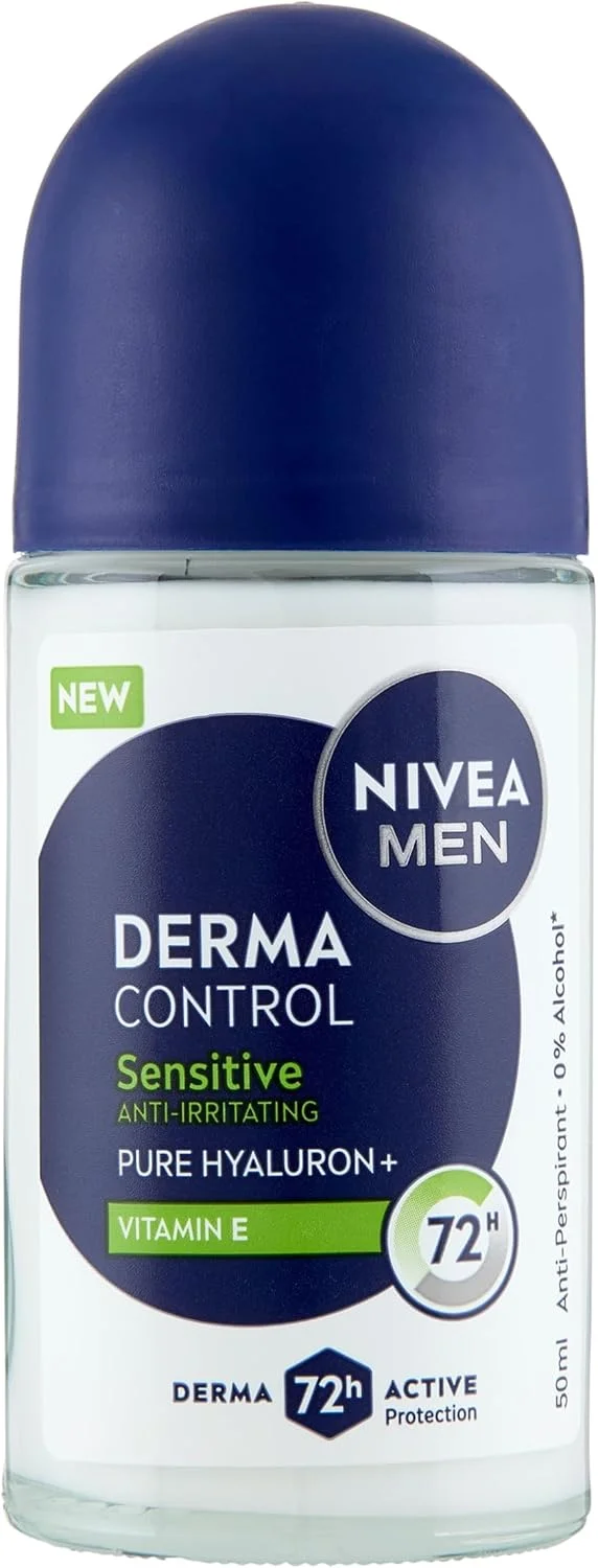 دئودورانت ضد تعریق مردانه نیوآ مدل Derma Control Sensitive، محافظت 72 ساعته در برابر تعریق، حاوی هیالورونیک اسید و ویتامین E، ضد تحریک زیر بغل، مناسب پوست حساس، رول-آن 50 میلی لیتر