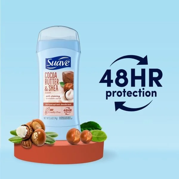 دئودورانت زنانه سواو، ضد تعریق، کره کاکائو و شی، محافظت 48 ساعته در برابر بو و رطوبت، حاوی روغن های ضروری، ضد لک، بدون جوش شیرین 74 گرم (بسته 12 عددی)