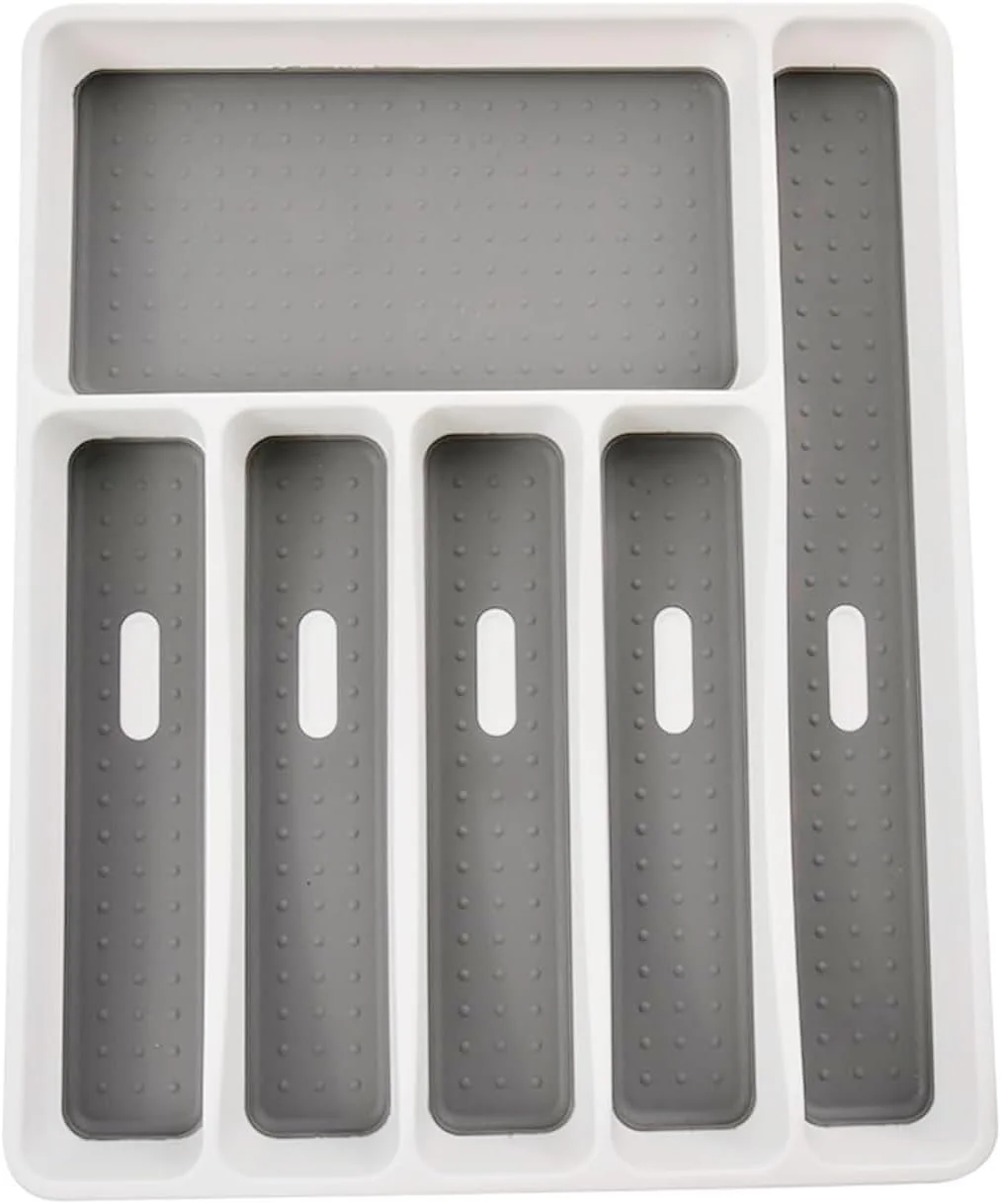 جا قاشقی کشویی آشپزخانه، سینی پلاستیکی تقسیم شده به 6 قسمت با روکش ضد لغزش TPR، نظم دهنده کشو برای نگهداری столовые приборы آشپزخانه