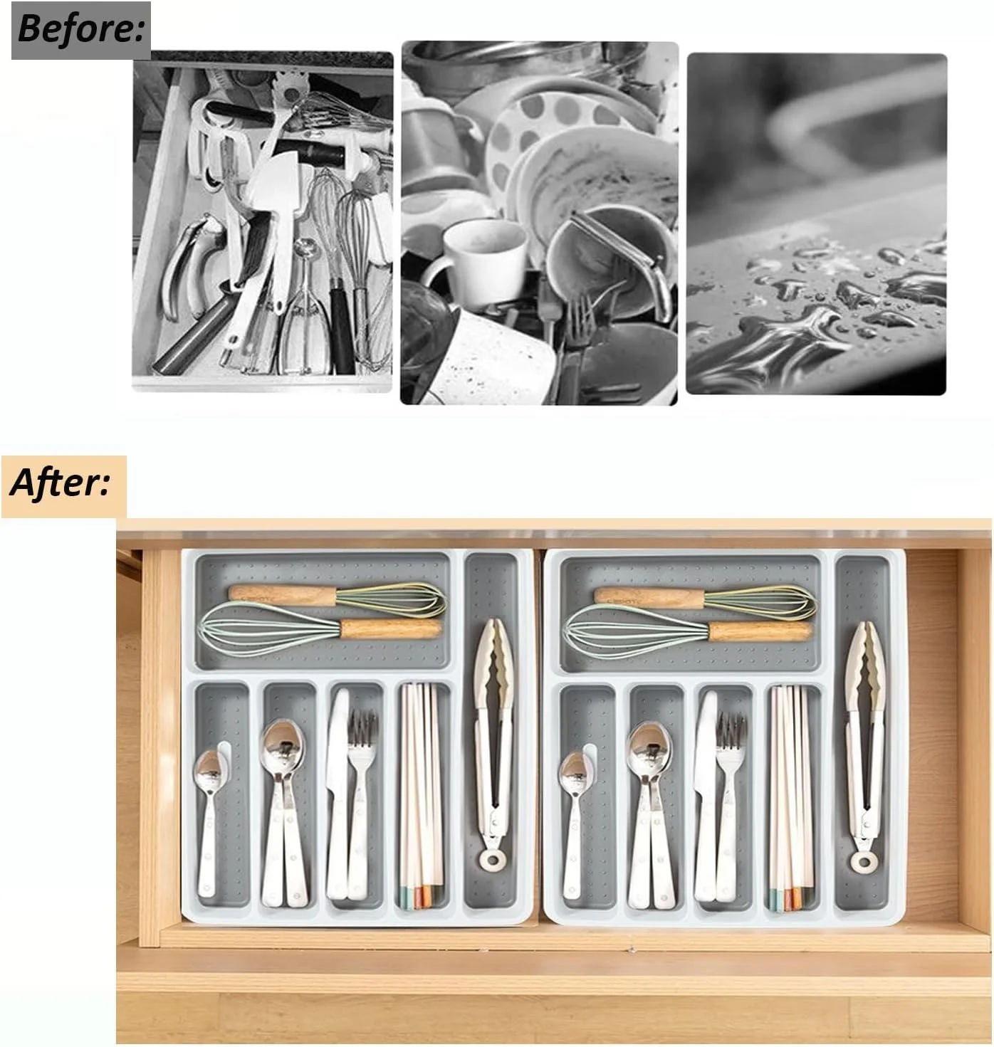 جا قاشقی کشویی آشپزخانه، سینی پلاستیکی تقسیم شده به 6 قسمت با روکش ضد لغزش TPR، نظم دهنده کشو برای نگهداری столовые приборы آشپزخانه