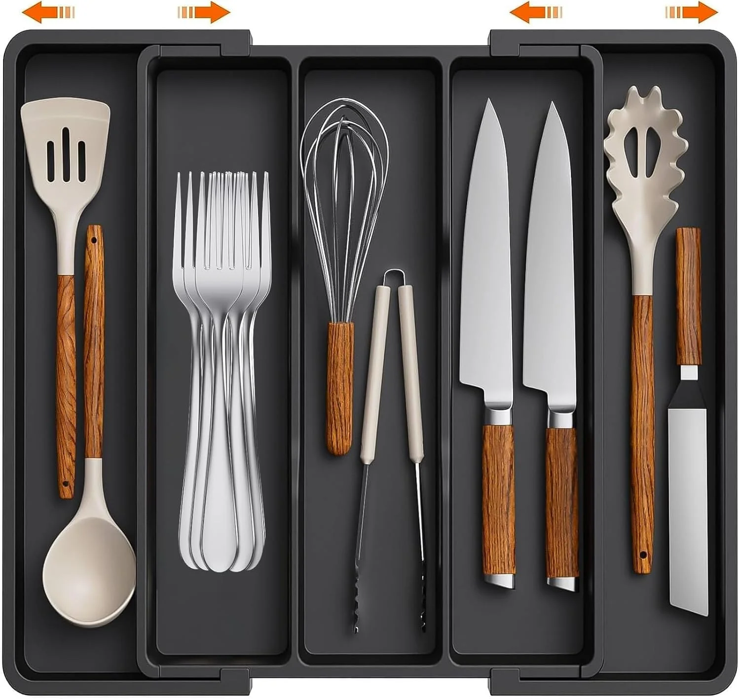 سازمان دهنده لوازم نقره ای - سازمان دهنده کشو آشپزخانه قابل گسترش 5 قسمتی، سازمان دهنده قابل تنظیم ظروف، سازمان دهنده کشو کارد و چنگال برای چنگال، چاقو، سازمان دهنده های آشپزخانه چند منظوره و راه حل ذخیره سازی