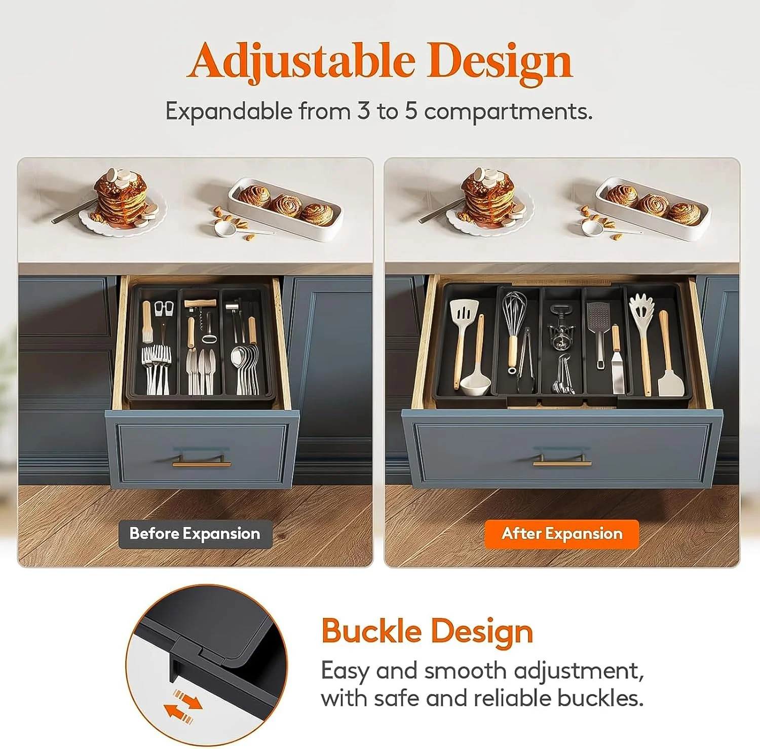 سازمان دهنده لوازم نقره ای - سازمان دهنده کشو آشپزخانه قابل گسترش 5 قسمتی، سازمان دهنده قابل تنظیم ظروف، سازمان دهنده کشو کارد و چنگال برای چنگال، چاقو، سازمان دهنده های آشپزخانه چند منظوره و راه حل ذخیره سازی