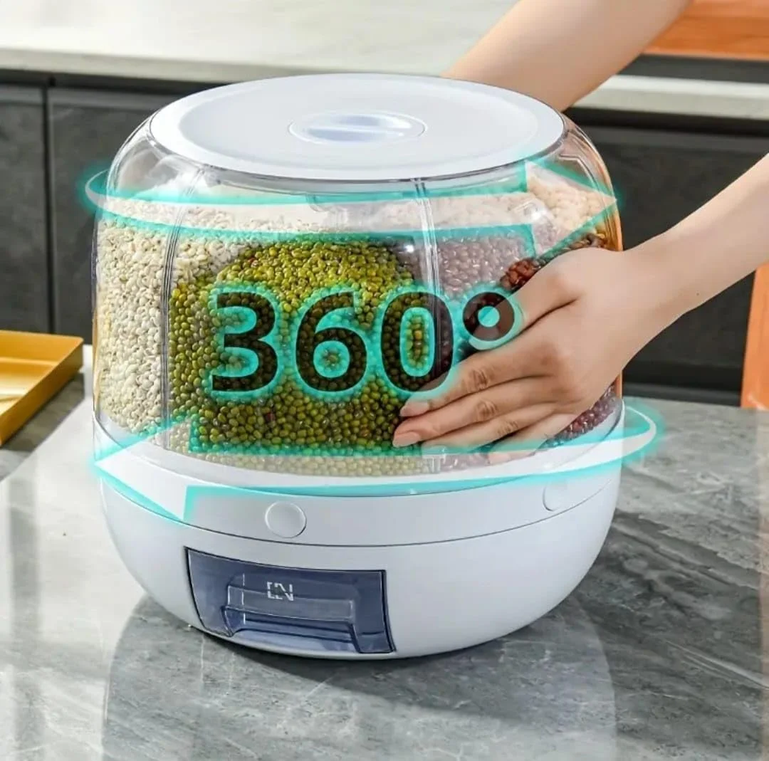 ست جعبه نگهداری غلات چرخشی 360 درجه، سطل برنج 6 قسمتی، ظرفیت بزرگ 20 کیلوگرمی، درجه مواد غذایی، نگهداری مهر و موم شده، سازمان دهنده آشپزخانه گرد شفاف، نگهداری غلات و حبوبات.