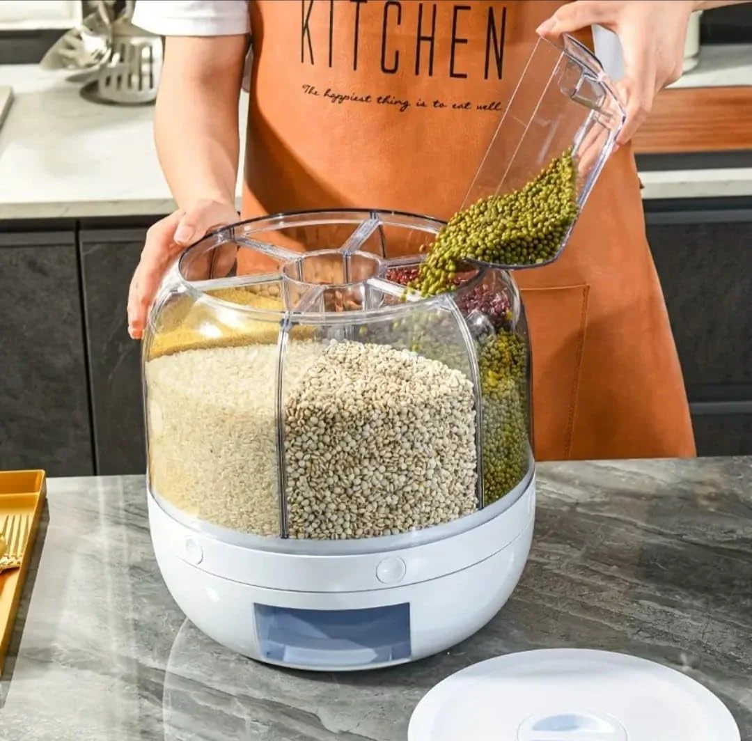 ست جعبه نگهداری غلات چرخشی 360 درجه، سطل برنج 6 قسمتی، ظرفیت بزرگ 20 کیلوگرمی، درجه مواد غذایی، نگهداری مهر و موم شده، سازمان دهنده آشپزخانه گرد شفاف، نگهداری غلات و حبوبات.