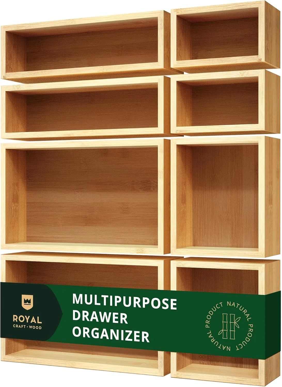 جعبه/ظرف نظم دهنده کشو از جنس چوب بامبو رویال کرافت - نظم دهنده چند منظوره کشو برای آشپزخانه، حمام، میز کار، لوازم آرایشی، جواهرات… (8 جعبه)