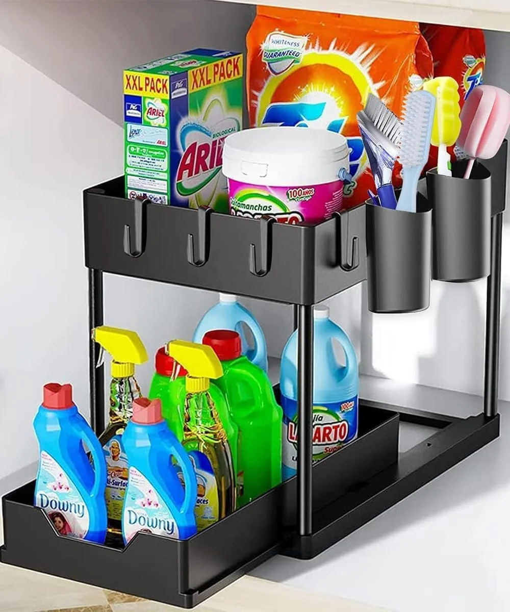 ارگانایزر زیر سینک S2C ضد لغزش، ارگانایزر چند منظوره با قلاب و فنجان، برای آشپزخانه، حمام، میز و کابینت - محکم و بادوام با کشوهای کشویی، مونتاژ آسان