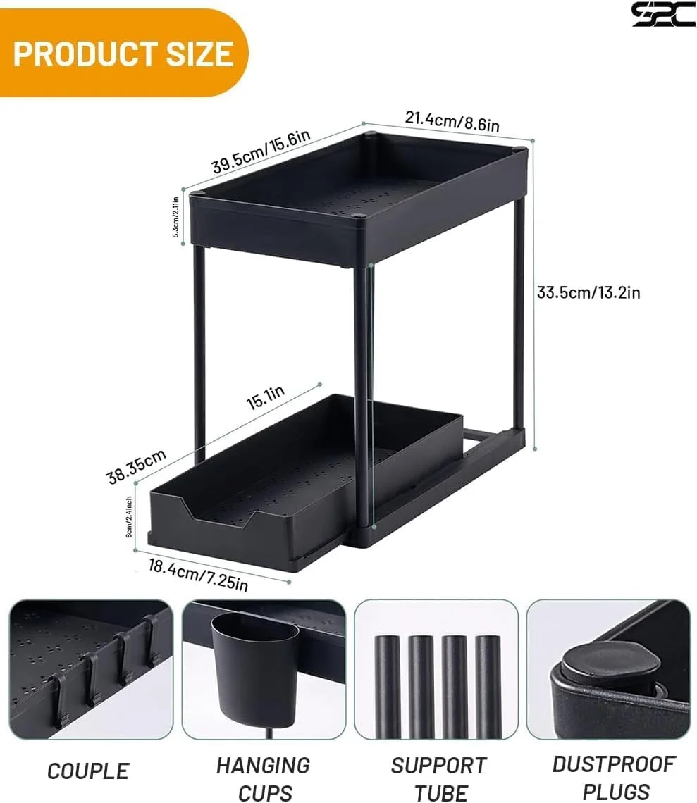 ارگانایزر زیر سینک S2C ضد لغزش، ارگانایزر چند منظوره با قلاب و فنجان، برای آشپزخانه، حمام، میز و کابینت - محکم و بادوام با کشوهای کشویی، مونتاژ آسان