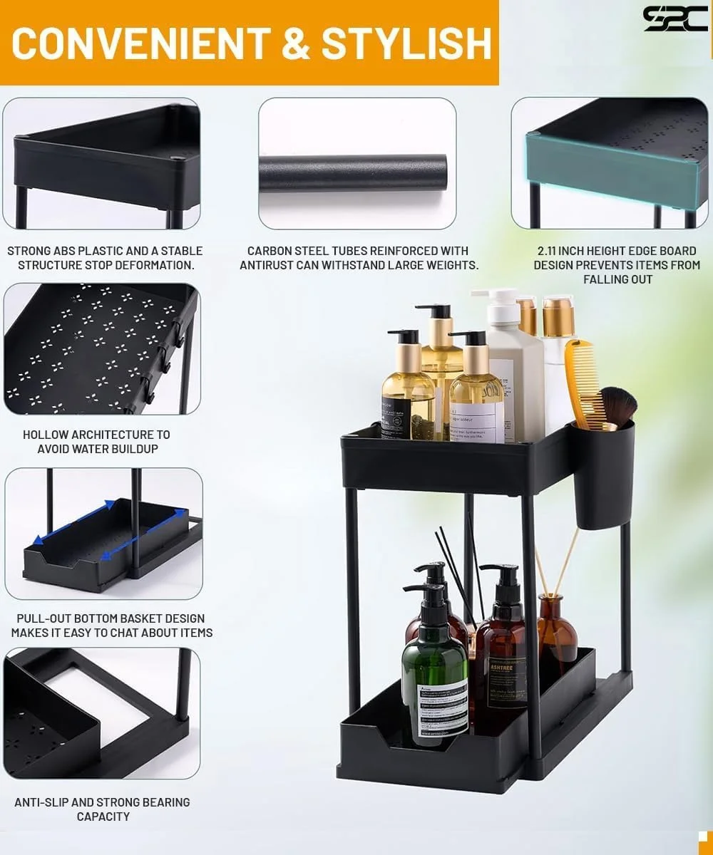 ارگانایزر زیر سینک S2C ضد لغزش، ارگانایزر چند منظوره با قلاب و فنجان، برای آشپزخانه، حمام، میز و کابینت - محکم و بادوام با کشوهای کشویی، مونتاژ آسان