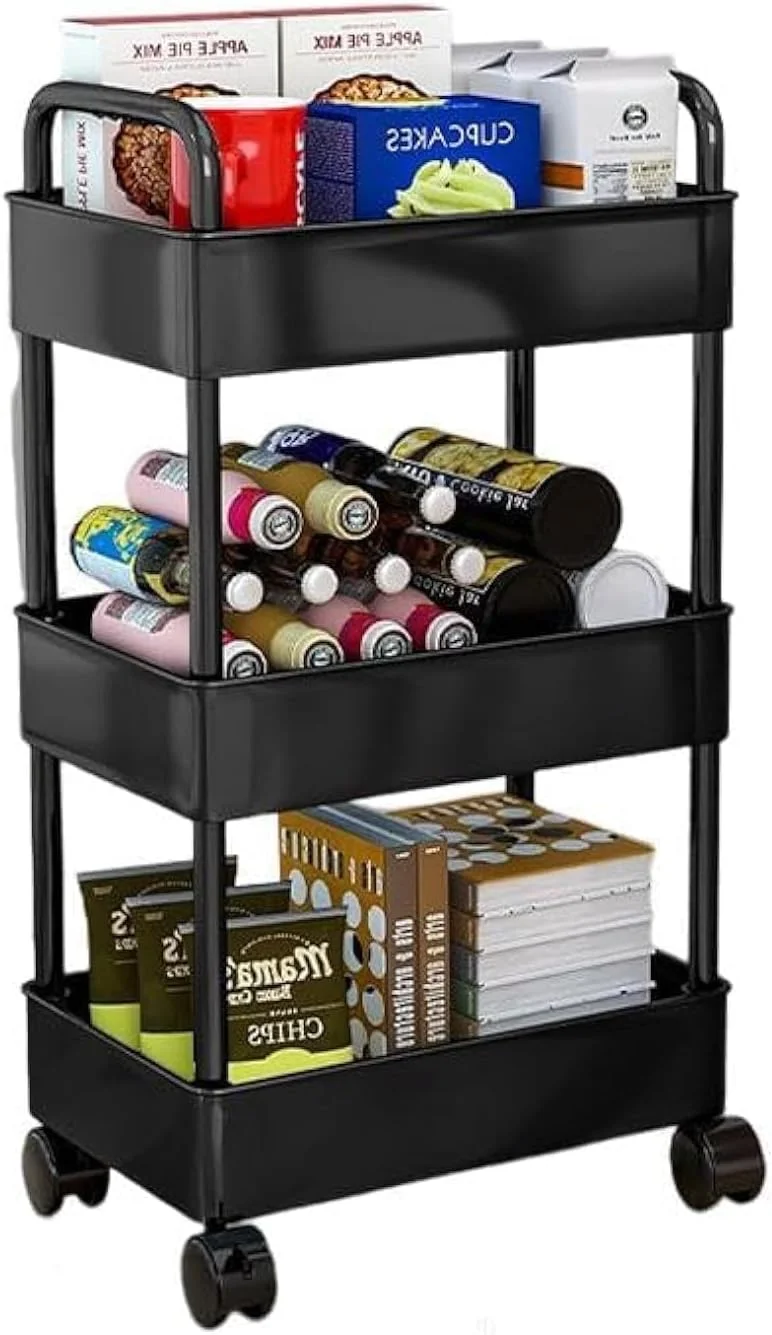 چرخ دستی سه طبقه ROUNY، چرخ دستی ذخیره سازی، چرخ دستی کاربردی، ترولی ذخیره سازی چند منظوره فلزی با دسته و چرخ های قفل شونده برای دفتر، حمام، آشپزخانه، اتاق کودک (مشکی)