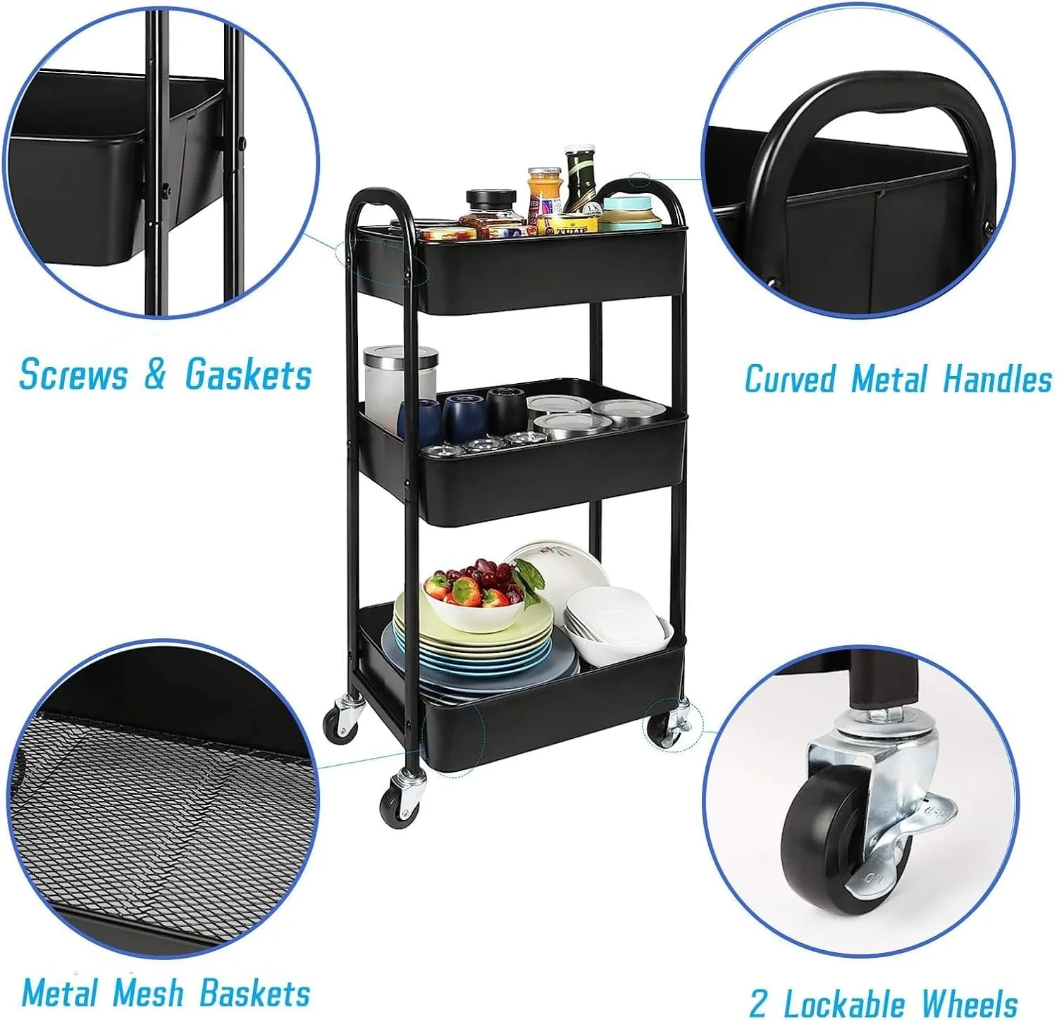 چرخ دستی سه طبقه ROUNY، چرخ دستی ذخیره سازی، چرخ دستی کاربردی، ترولی ذخیره سازی چند منظوره فلزی با دسته و چرخ های قفل شونده برای دفتر، حمام، آشپزخانه، اتاق کودک (مشکی)