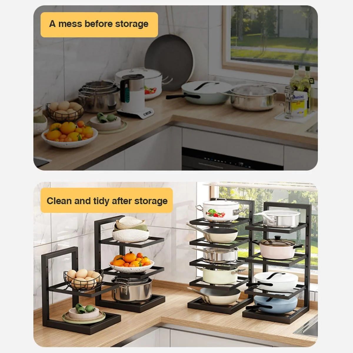 سازمان دهنده قابلمه و تابه آشپزخانه ROUNY برای کابینت، قفسه تابه 3 طبقه سنگین، قفسه فلزی قابل تنظیم تابه و نگهدارنده درب قابلمه برای سازمان دهنده ها و نگهداری آشپزخانه