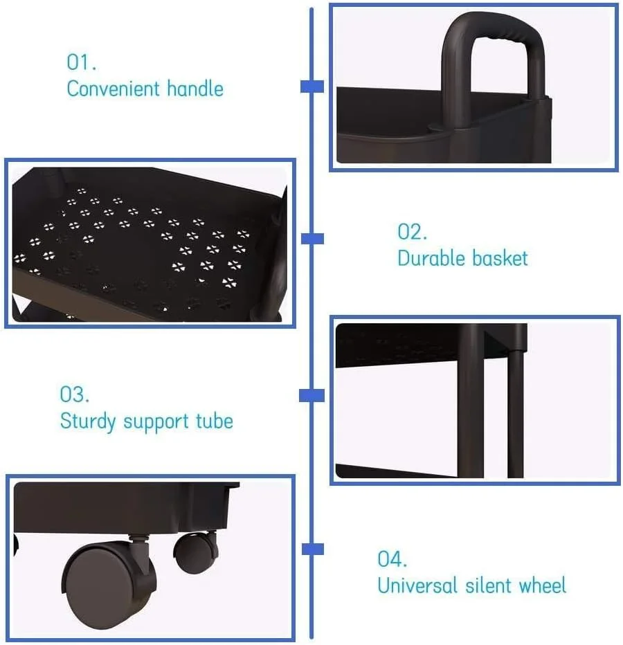 چرخ دستی سه طبقه ROUNY، چرخ دستی ذخیره سازی، چرخ دستی کاربردی، ترولی ذخیره سازی چند منظوره فلزی با دسته و چرخ های قفل شونده برای دفتر، حمام، آشپزخانه، اتاق کودک (مشکی)