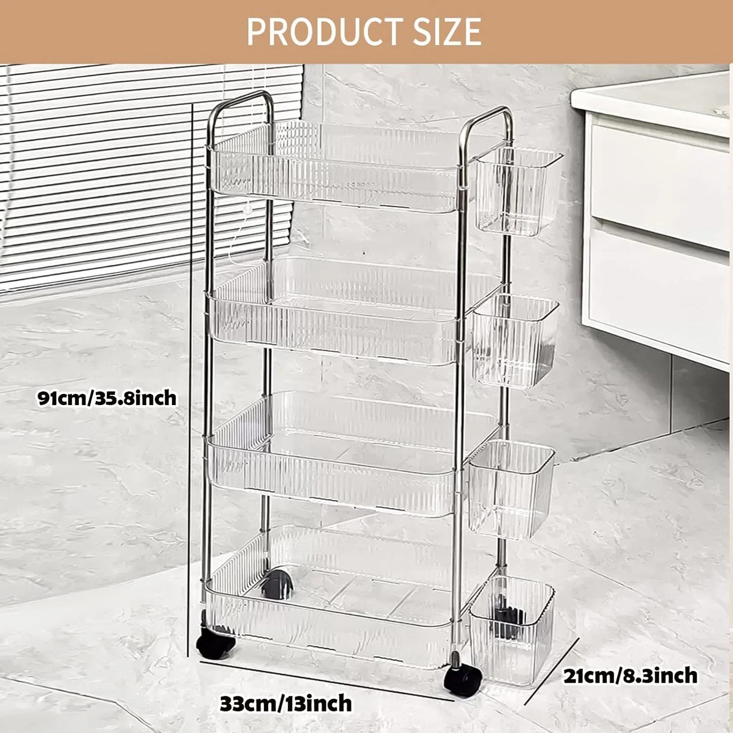 ترولی چرخدار، ترولی کاربردی 4 طبقه با چرخ، ترولی باریک آشپزخانه با 4 سبد آویز، ارگنایزر ترولی آرایشی چرخدار اکریلیک، ارگنایزر ترولی برای آشپزخانه، حمام