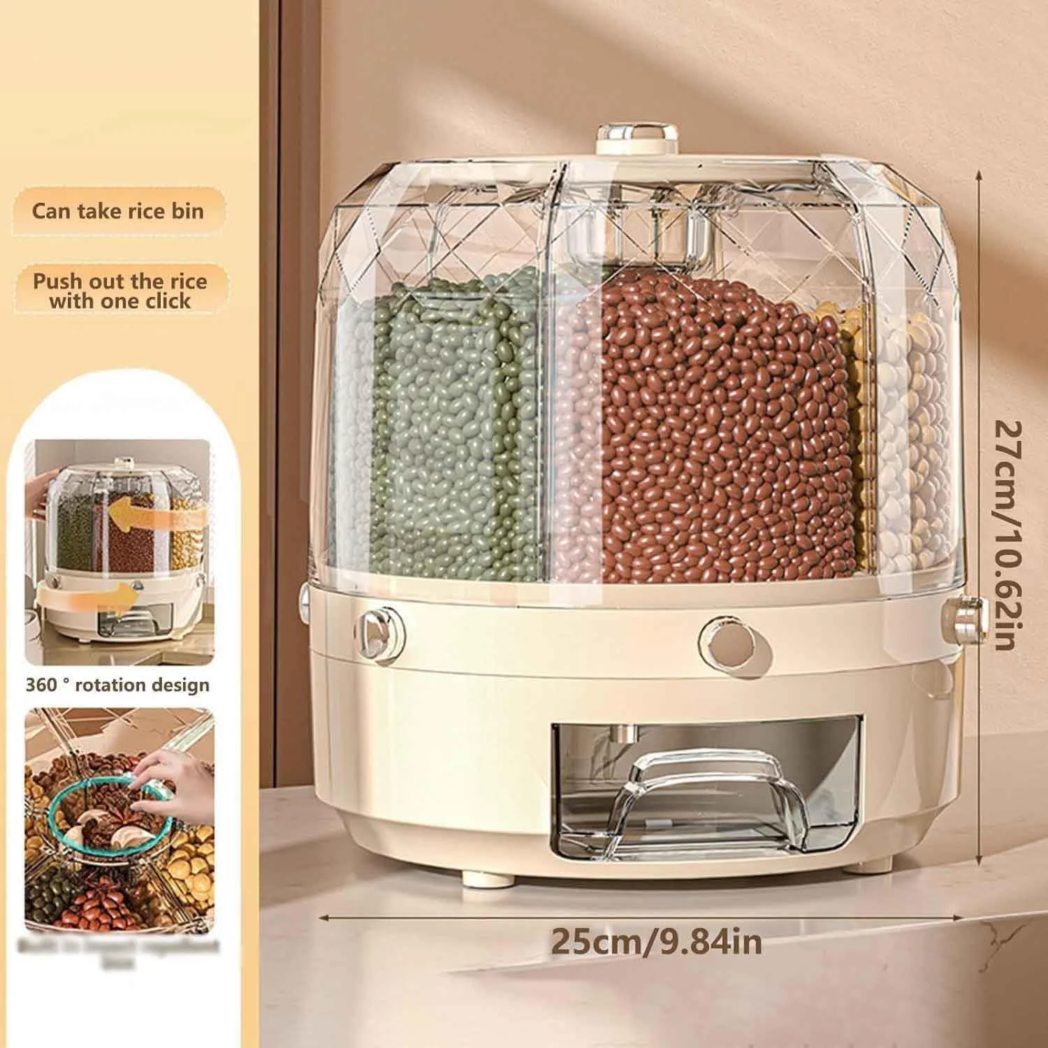 ظرف نگهداری غلات چرخشی با 6 محفظه، پخش کننده مواد غذایی خشک شفاف برای برنج، عدس، غلات - طراحی دکمه فشاری، جعبه سازمان دهنده آشپزخانه چند منظوره و ضد هوا