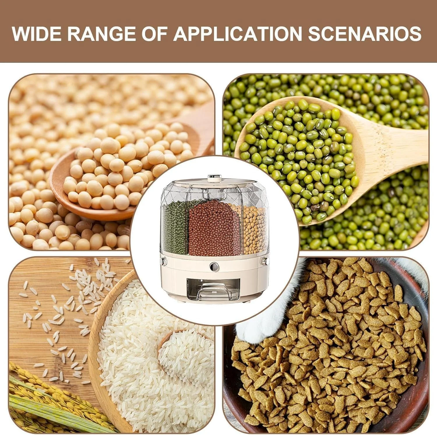 ظرف نگهداری غلات چرخشی با 6 محفظه، پخش کننده مواد غذایی خشک شفاف برای برنج، عدس، غلات - طراحی دکمه فشاری، جعبه سازمان دهنده آشپزخانه چند منظوره و ضد هوا