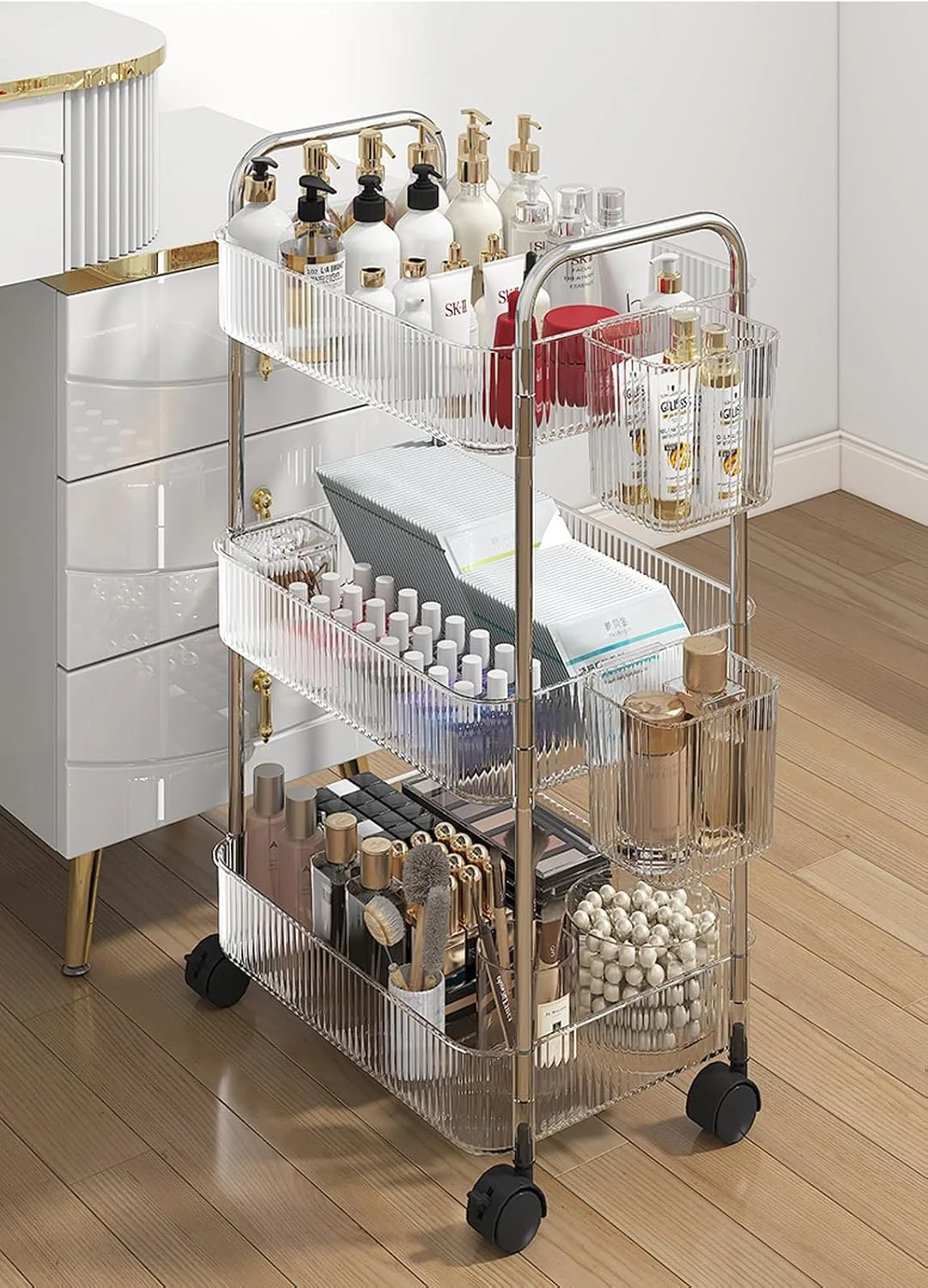 ارگانایزر چرخدار 3 طبقه شفاف، ترولی قفسه های ذخیره سازی چند منظوره با چرخ های قفل دار و 3 سبد آویز برای آشپزخانه، اتاق خواب، حمام، دفتر، اتاق لباسشویی