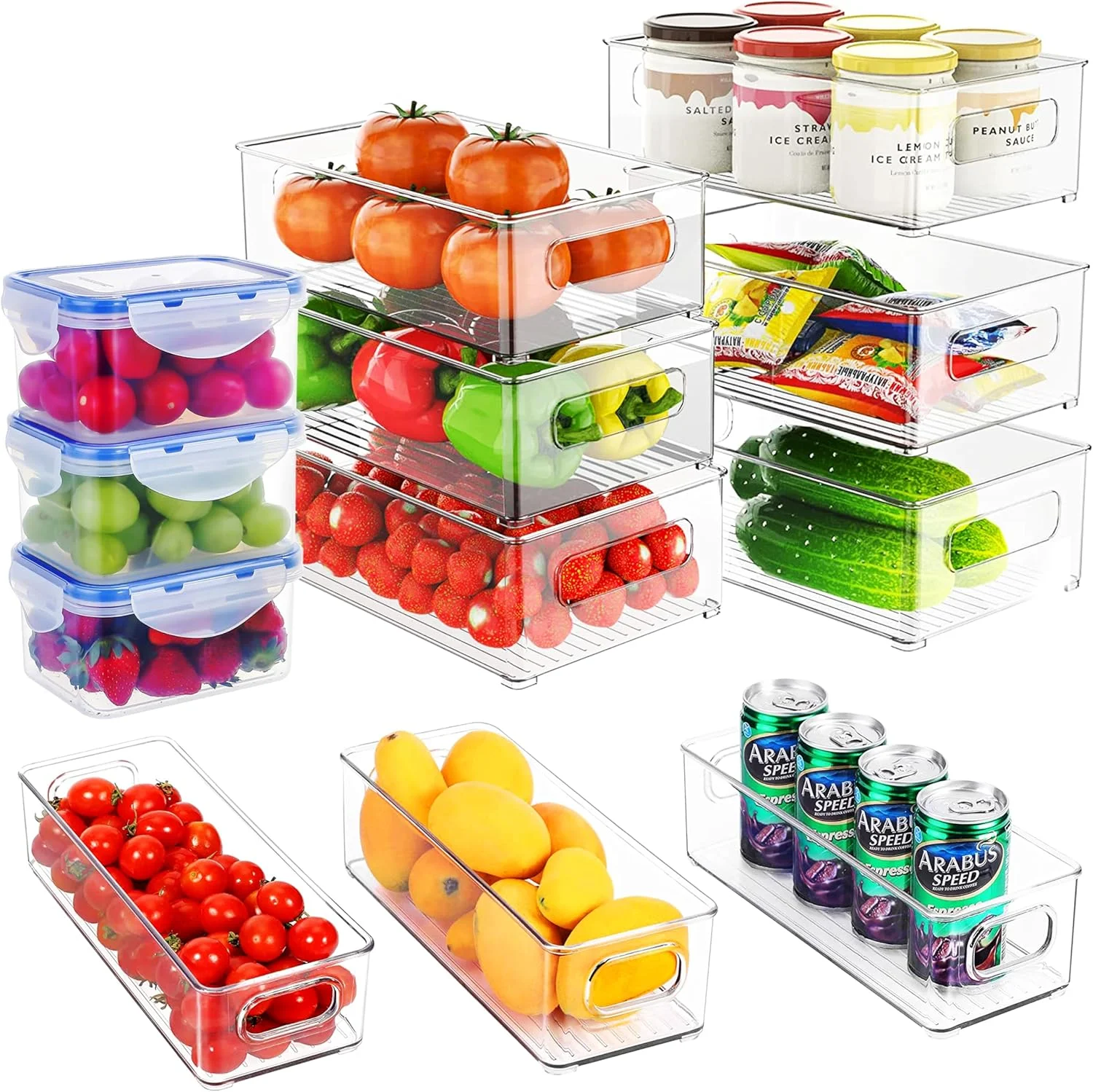مجموعه 12 عددی نظم دهنده و استاكر یخچال RFAQK، ظروف - نظم دهنده انبار یخچال - ظروف نگهداری مواد غذایی آشپزخانه برای نگهداری و نظم دهی یخچال - ظروف پلاستیکی شفاف برای