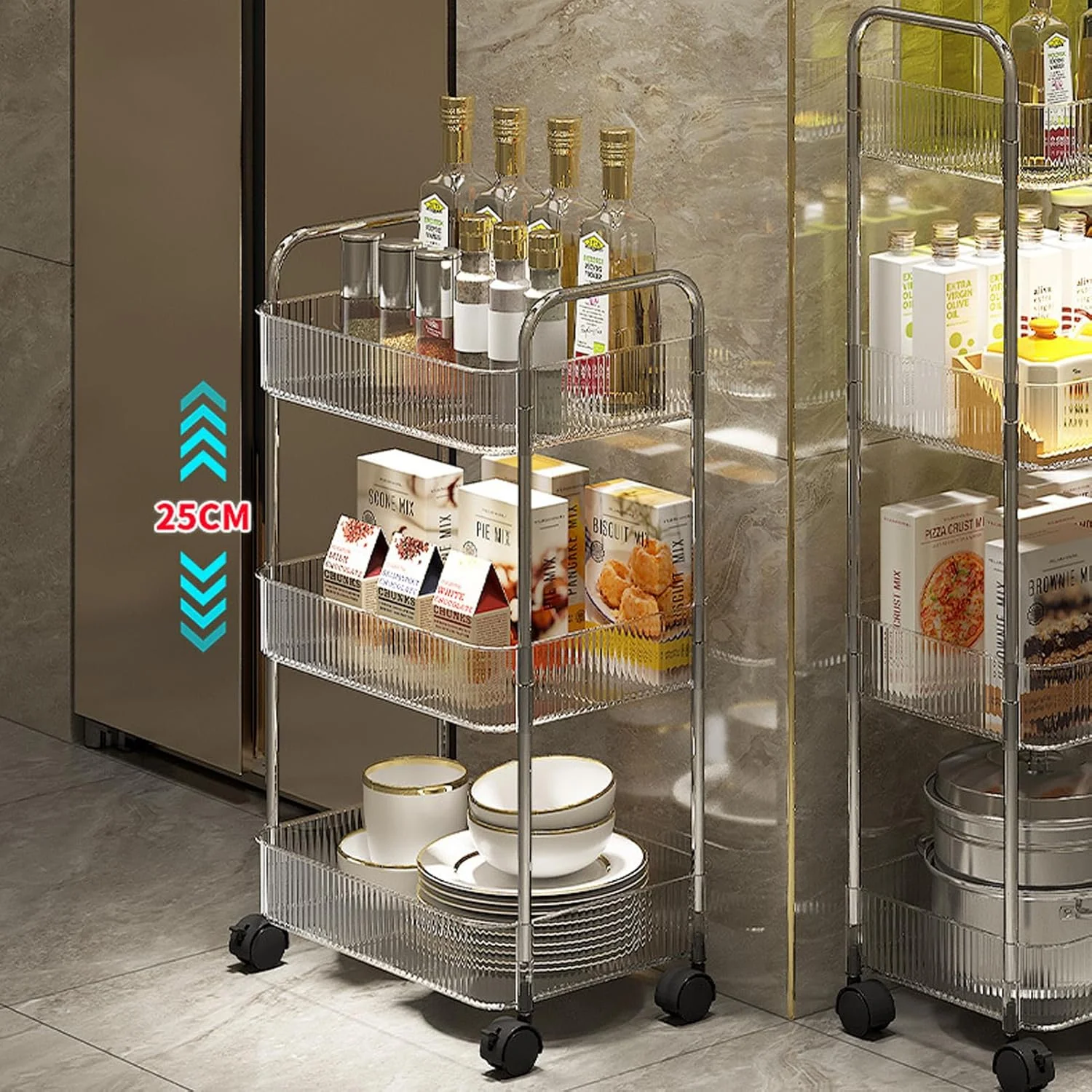 ارگانایزر چرخدار 3 طبقه شفاف، ترولی قفسه های ذخیره سازی چند منظوره با چرخ های قفل دار و 3 سبد آویز برای آشپزخانه، اتاق خواب، حمام، دفتر، اتاق لباسشویی