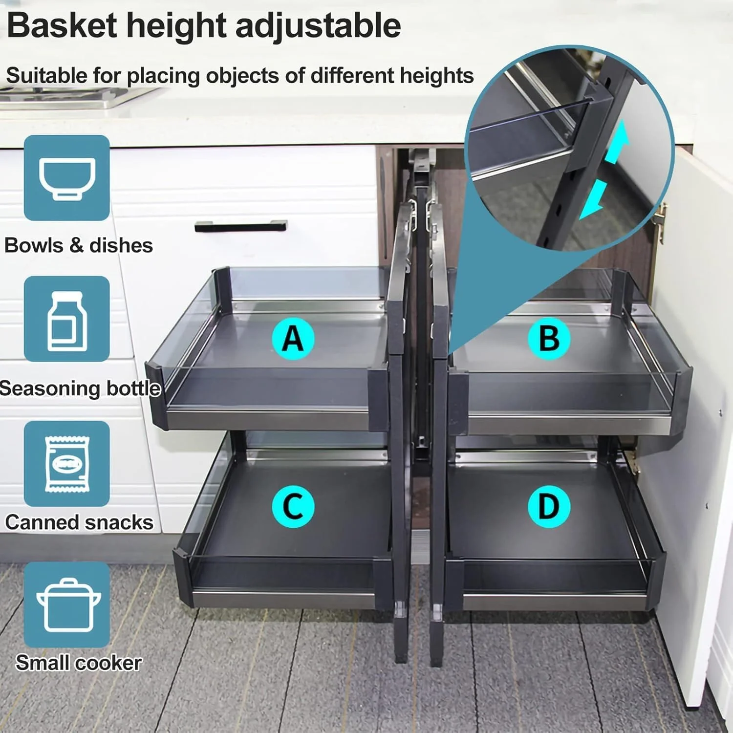 آرگنایزر کابینت کنج کور RGSGZCO، دارای 4 سبد آلومینیومی، فضای ذخیره سازی بزرگ آشپزخانه، چرخش روان، ارتفاع قابل تنظیم، چپ یا راست، ظرفیت وزنی 80 کیلوگرم