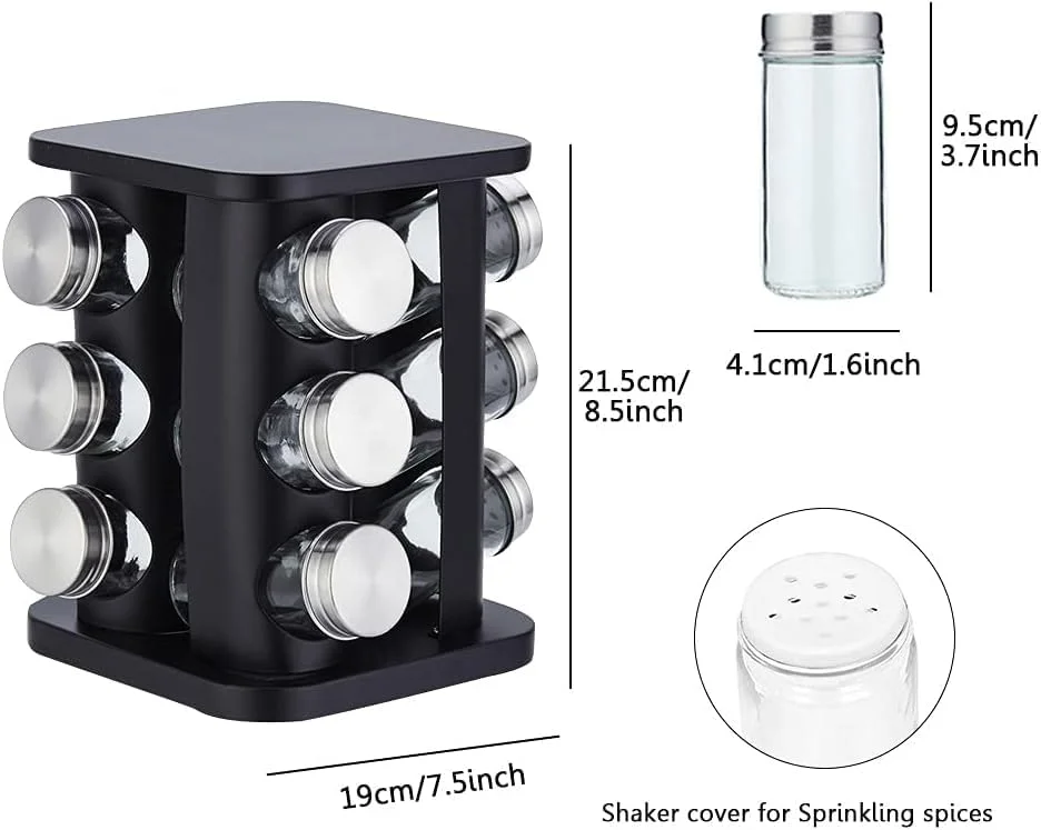 جا ادویه ای گردان با 12 شیشه، برج قفسه چاشنی ادویه رومیزی با 12 شیشه شیشه ای قابل پر کردن مجدد برای کابینت آشپزخانه، استیل ضد زنگ، (مشکی). (جا ادویه ای)