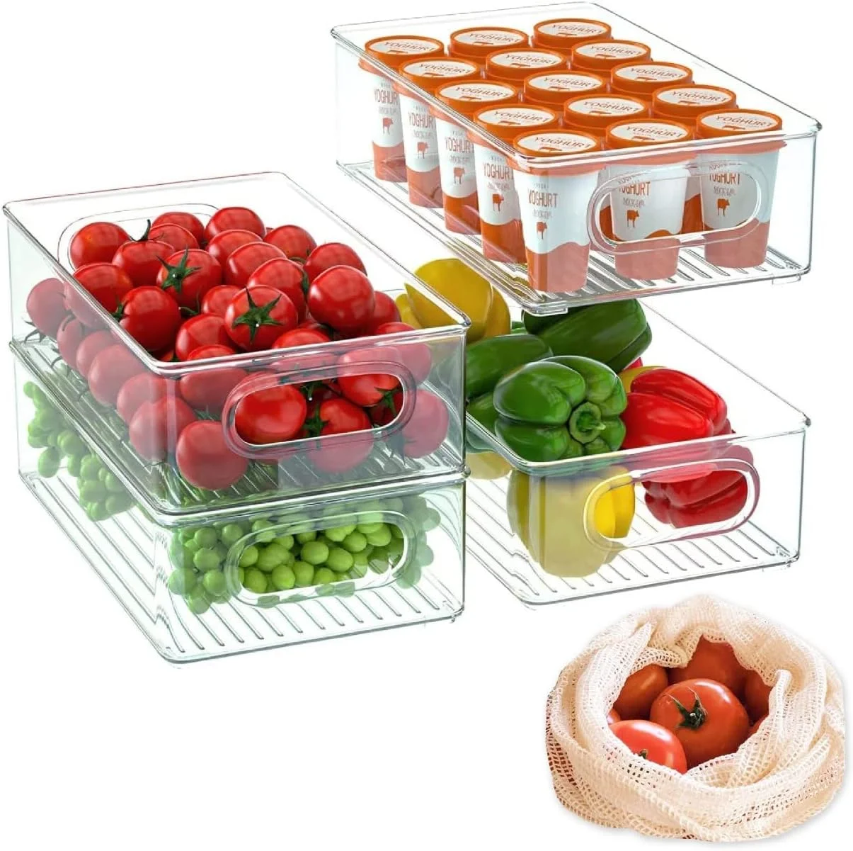 ست نظم دهنده یخچال RERE، سطل های سازمان دهنده مواد غذایی، جعبه های نگهداری پلاستیکی شفاف و قابل چیدن با دستگیره برای آشپزخانه، فریزر و اتاق کودک به همراه کیسه های توری برای میوه و سبزیجات