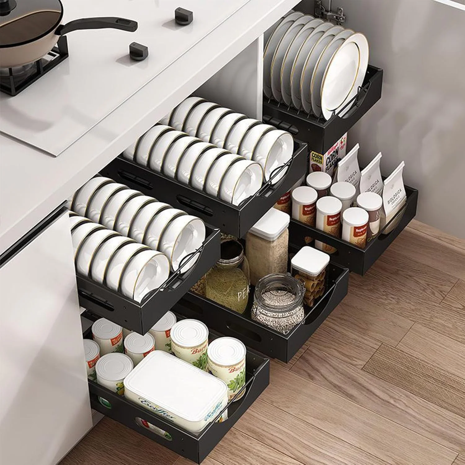ارگانایزر ذخیره سازی آشپزخانه Rmoutf، کشوی کابینت کشویی سنگین بدون پانچ، برای قرار دادن ظروف، ادویه جات یا وسایل شل و نگه داشتن آنها به صورت مرتب یا آبکش (جای ظرف مشکی)