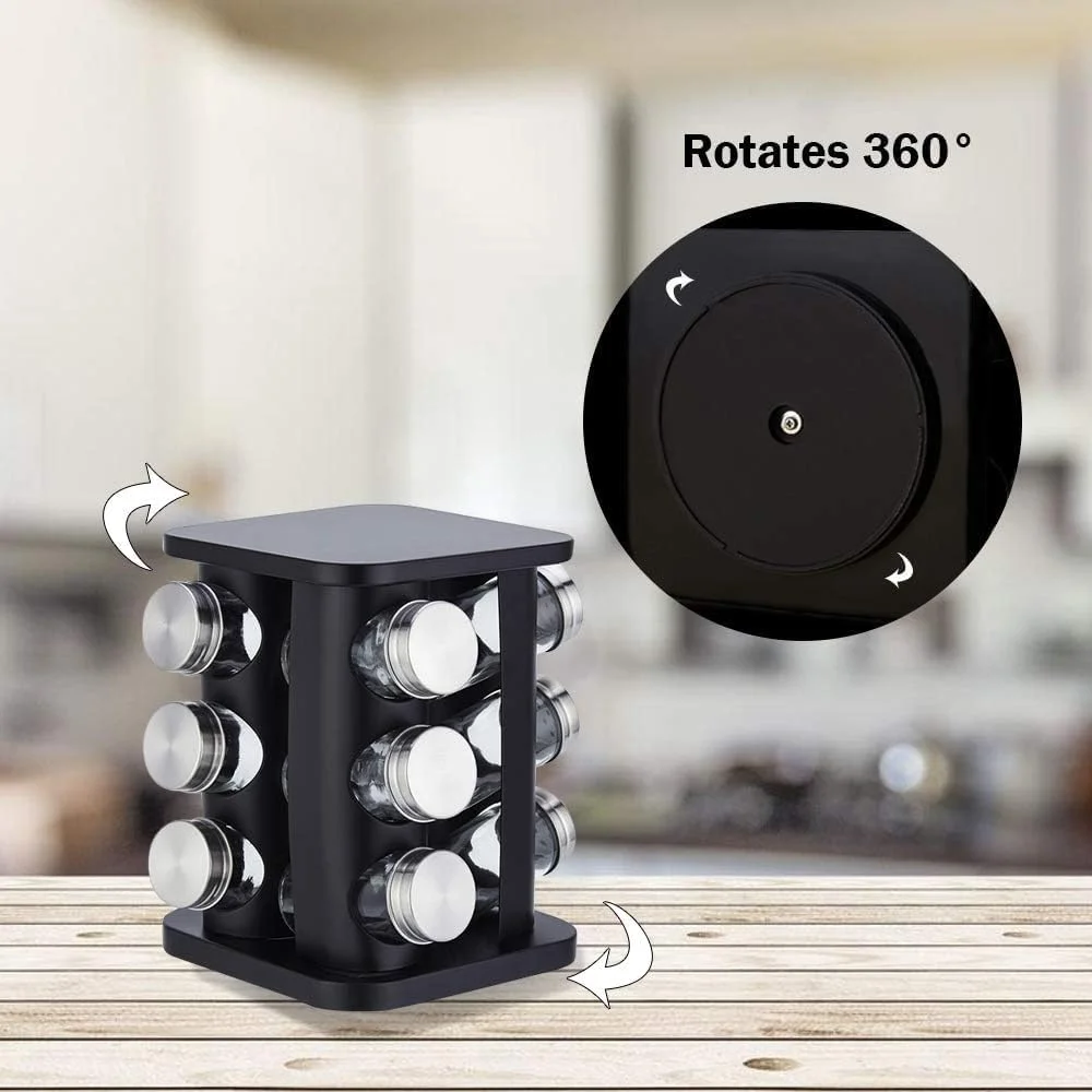 جا ادویه ای گردان با 12 شیشه، برج قفسه چاشنی ادویه رومیزی با 12 شیشه شیشه ای قابل پر کردن مجدد برای کابینت آشپزخانه، استیل ضد زنگ، (مشکی). (جا ادویه ای)