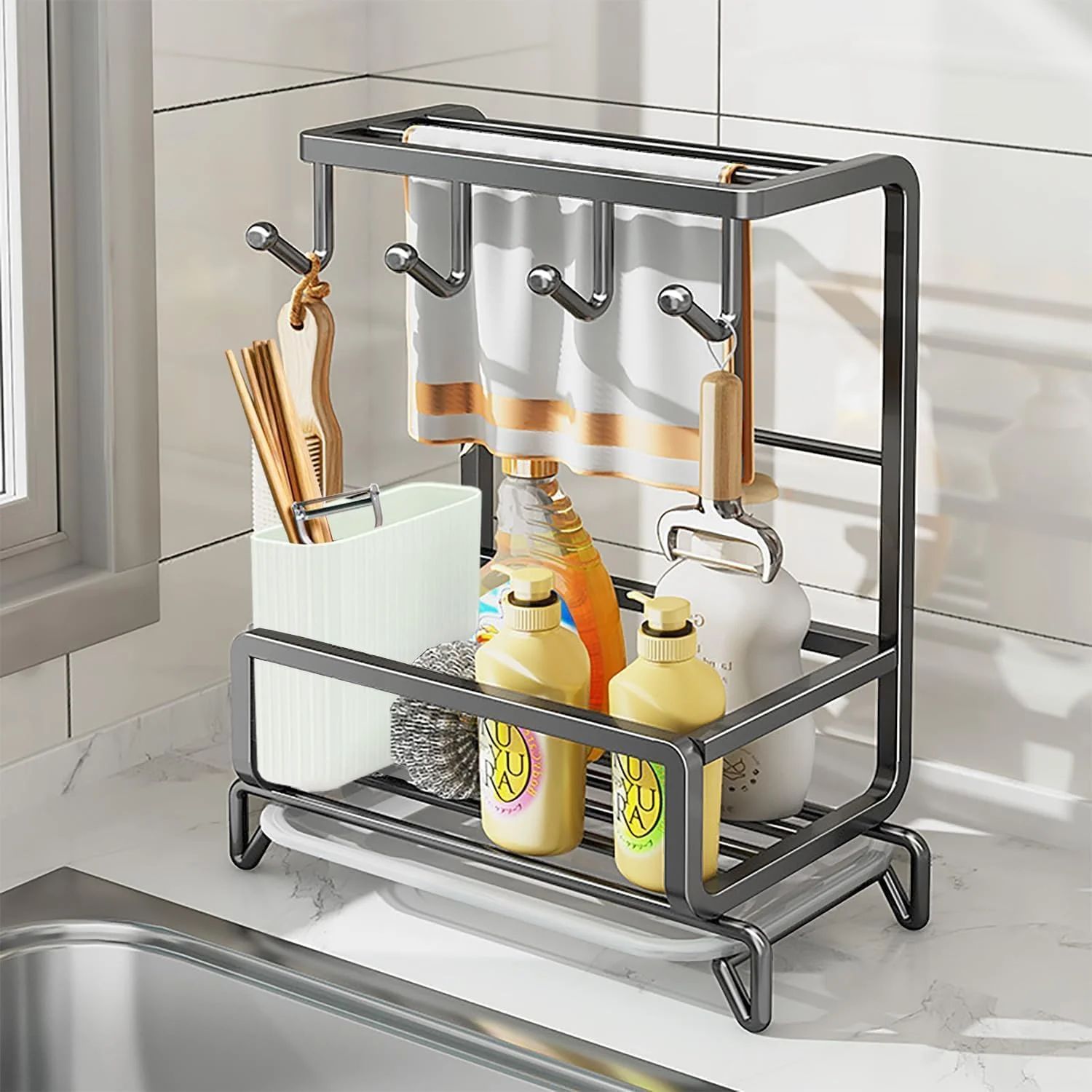 جا اسکاچی سینک با جا قاشقی، سینی چکه گیر جداشدنی و قفسه دستمال ظرف، سازمان دهنده لوازم ضروری تمیز کردن سینک آشپزخانه