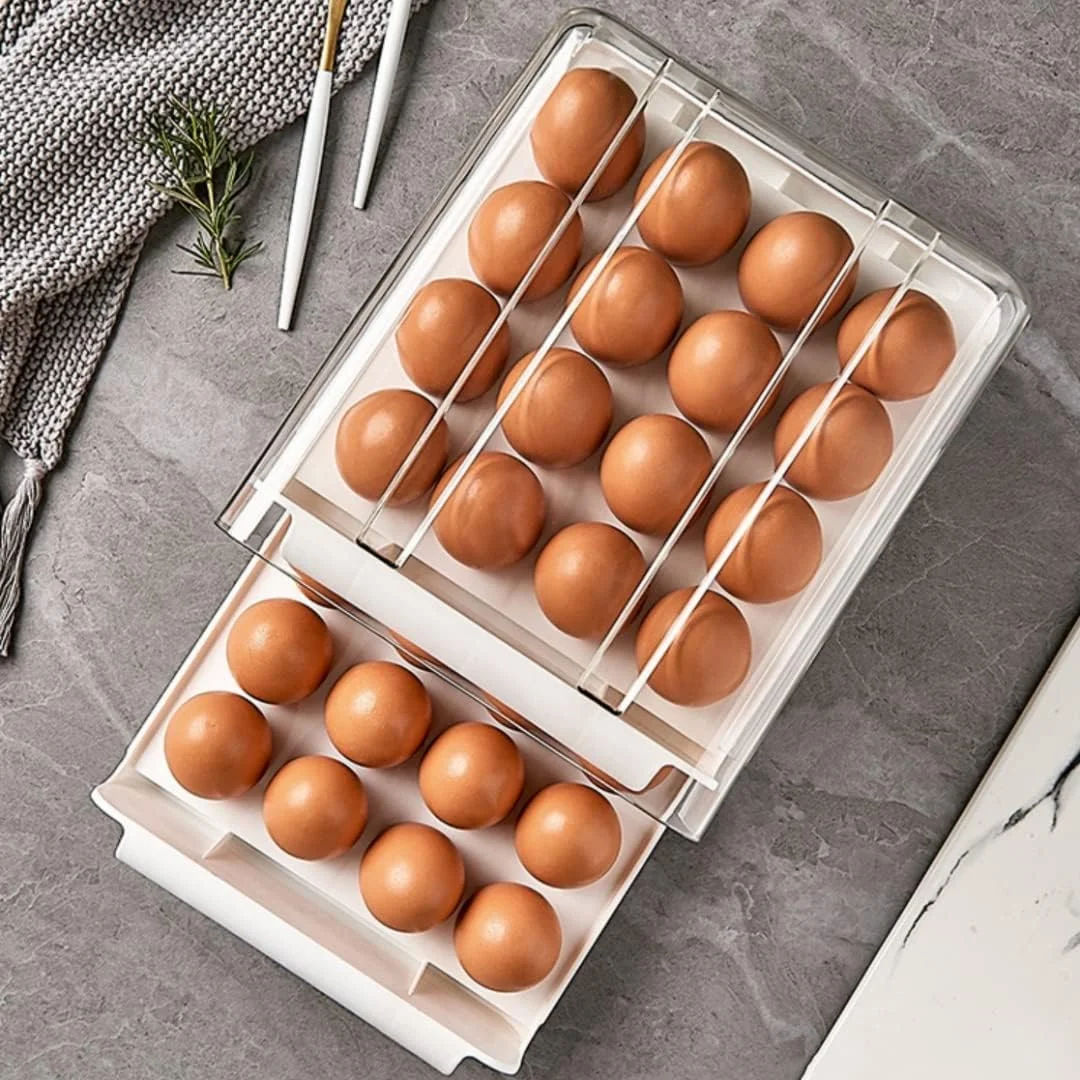 جا تخم مرغی یخچال، سازمان دهنده و نگهدارنده بزرگ شفاف یخچال، جعبه نگهداری تخم مرغ تازه، سطل سازمان دهنده پلاستیکی نگهداری تخم مرغ، ظرف نگهداری تخم مرغ قابل انباشته برای یخچال، 2 لایه