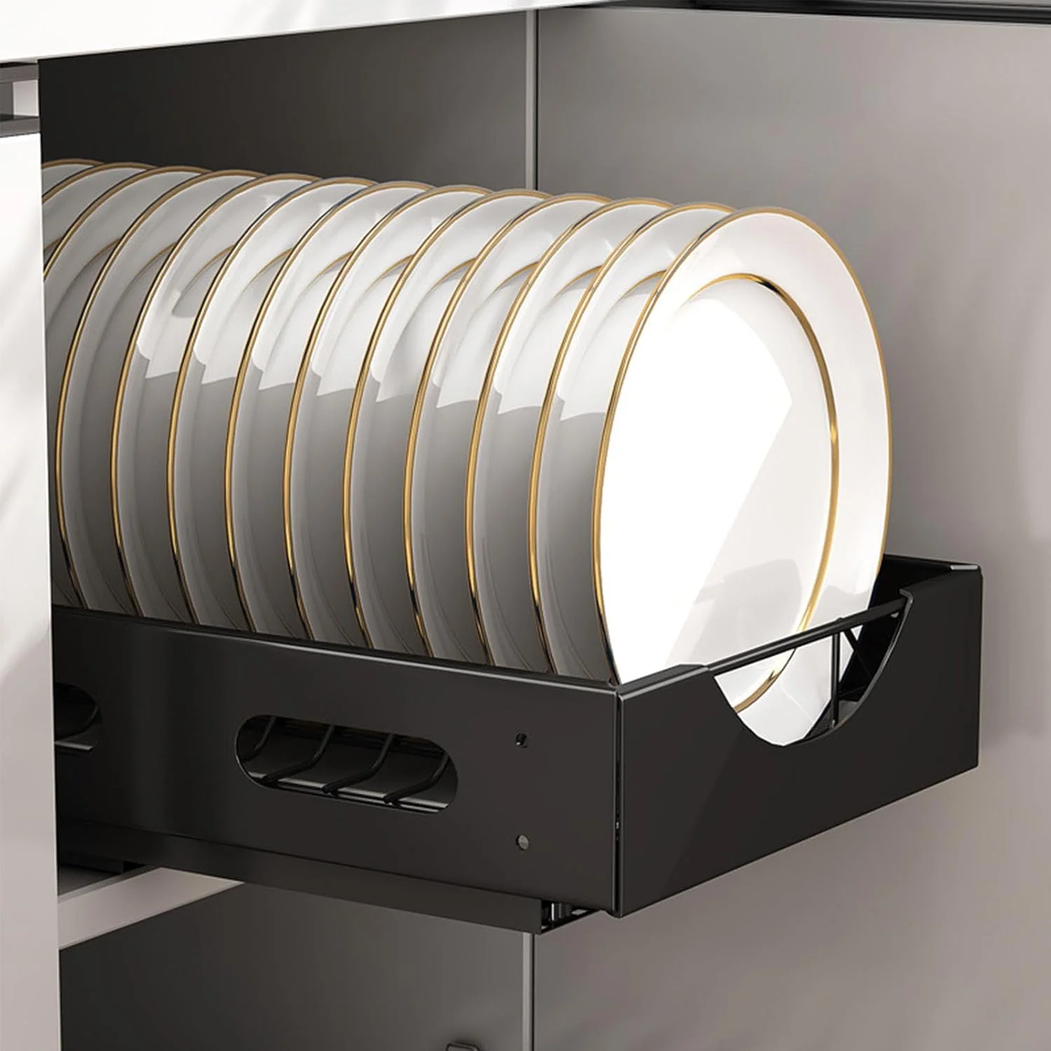 ارگانایزر ذخیره سازی آشپزخانه Rmoutf، کشوی کابینت کشویی سنگین بدون پانچ، برای قرار دادن ظروف، ادویه جات یا وسایل شل و نگه داشتن آنها به صورت مرتب یا آبکش (جای ظرف مشکی)